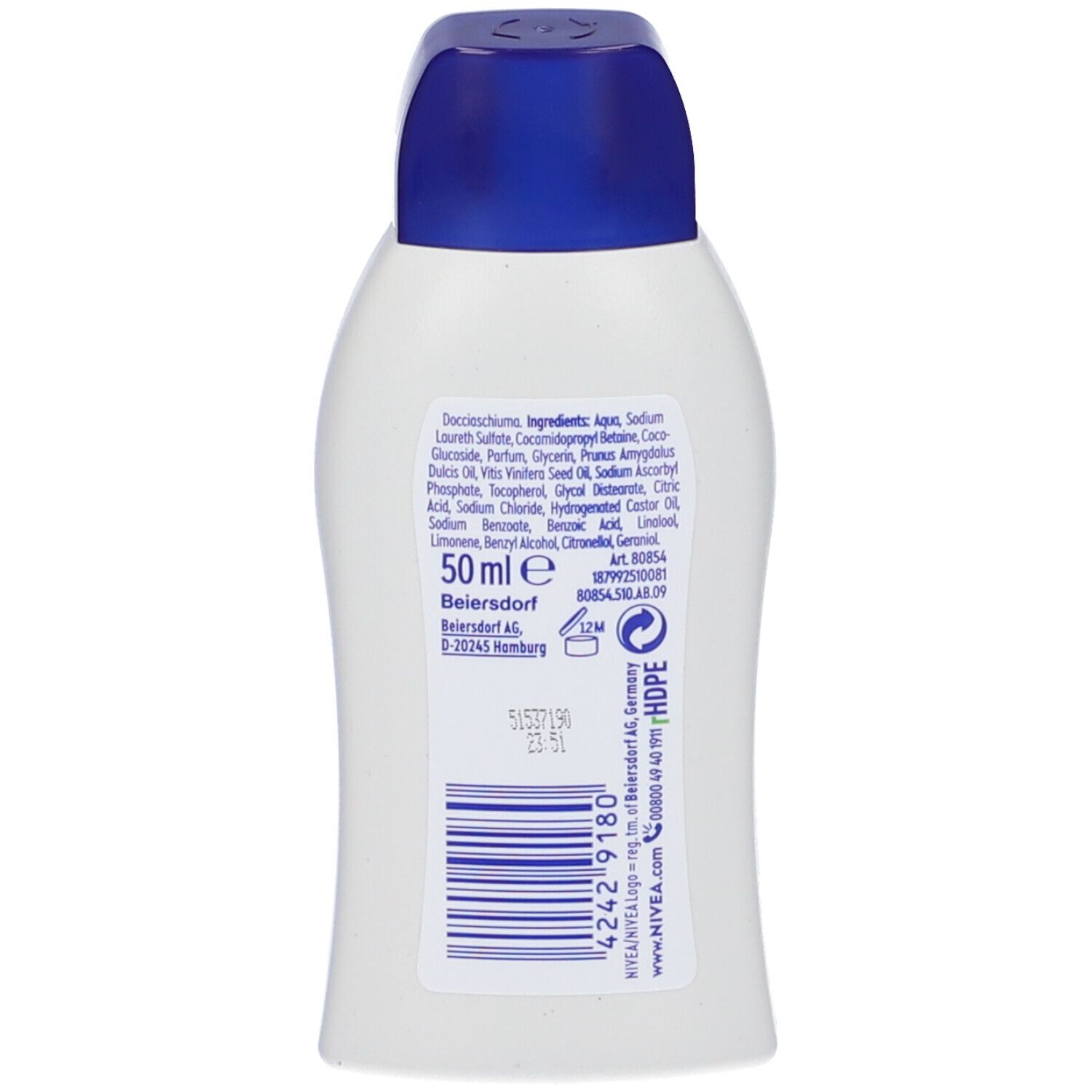 Retro del flacone bianco. Contiene ingredienti e codice a barre. 50ml. Logo NIVEA e indirizzo.
