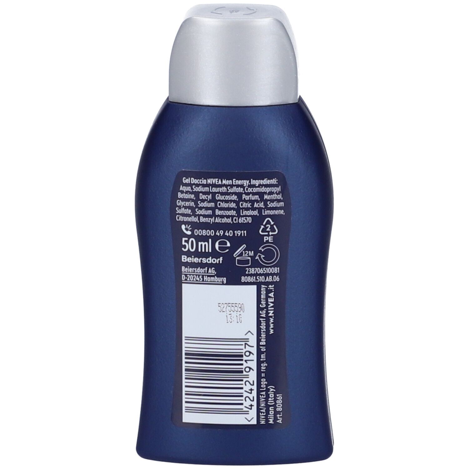 Retro del flacone blu. Contiene ingredienti, informazioni del produttore e codice a barre. 50 ml.