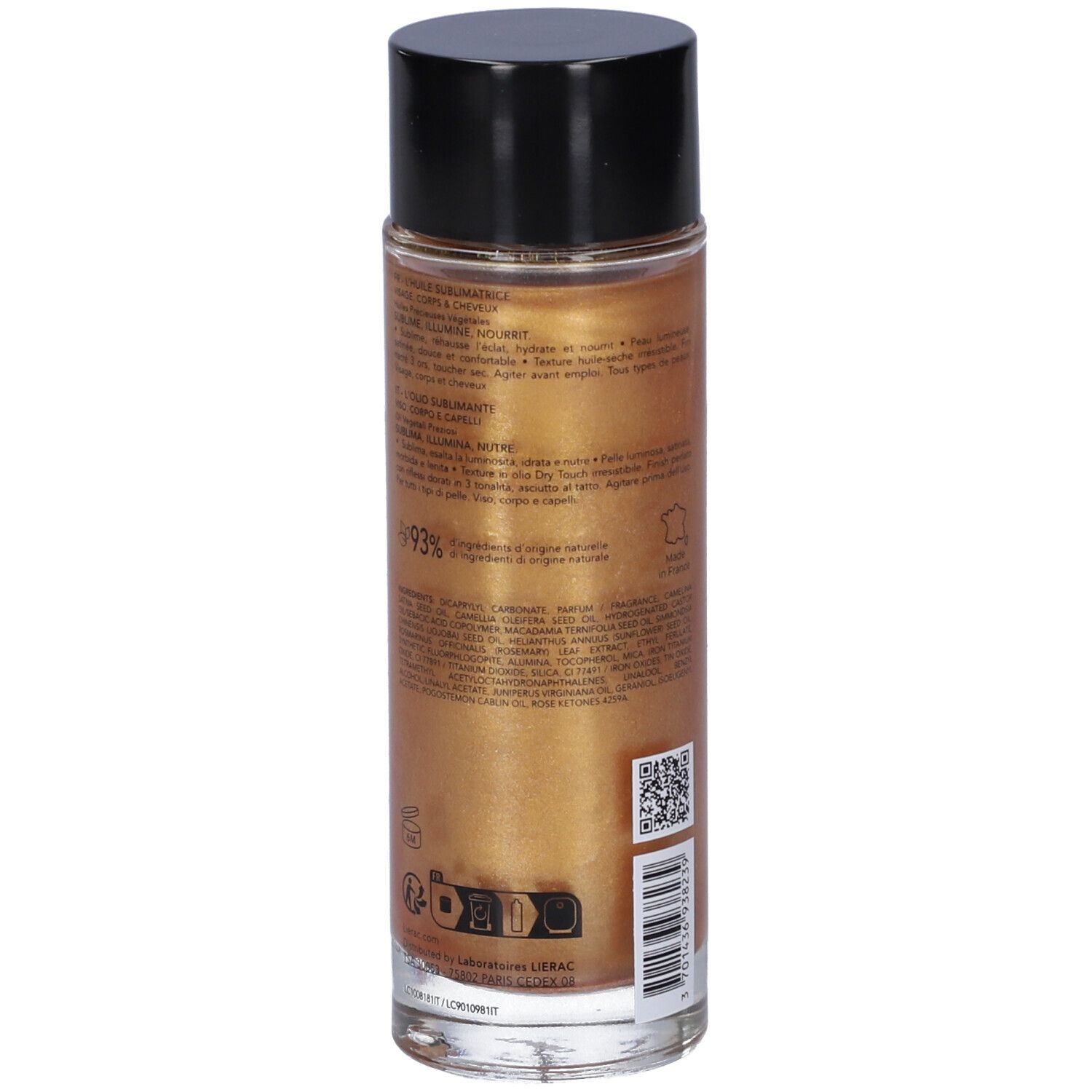 Retro del flacone. Contenuto dorato, tappo nero. Testo con ingredienti e codice QR. 93% ingredienti naturali.