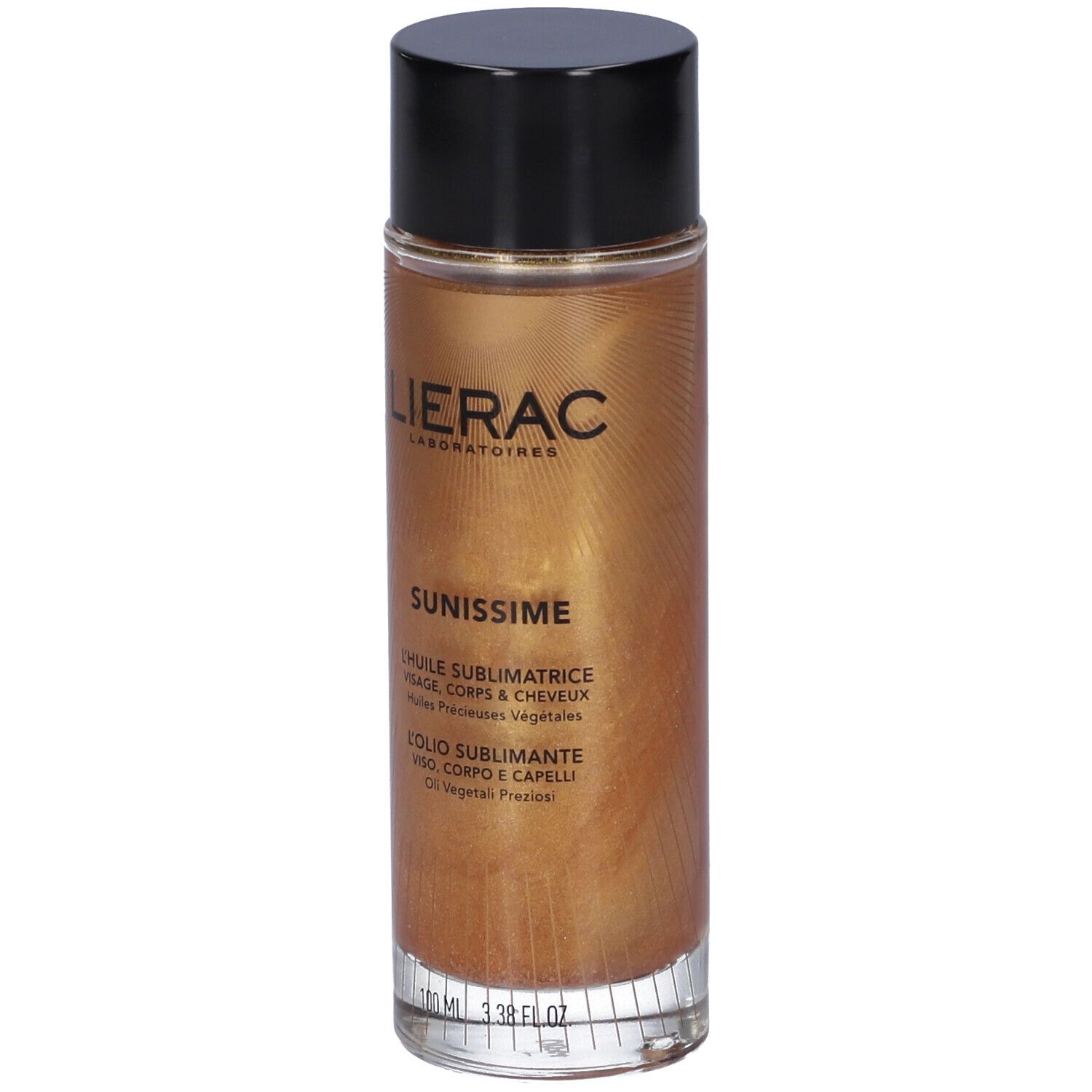 Flacone cilindrico con liquido dorato e tappo nero. Scritte: Lierac, Sunissime, L'Huile Sublimatrice Viso, Corpo e Capelli.