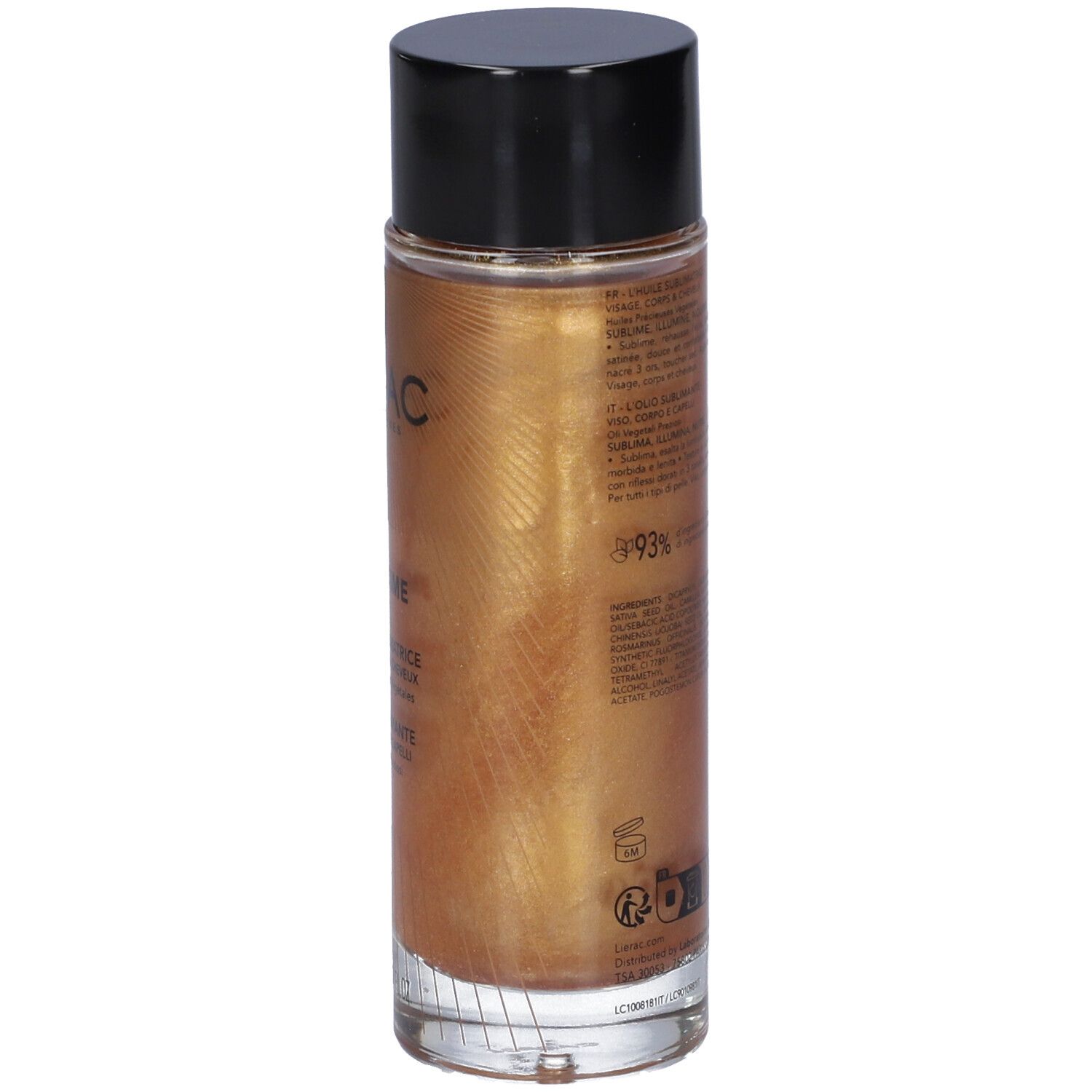 Retro del flacone. Contenuto dorato, tappo nero. Scritte e codice QR. 93% ingredienti naturali.