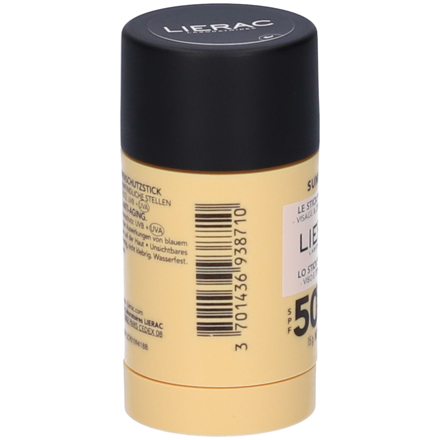 Stick beige e nero. Codice a barre e testo sul retro. Testo in tedesco. Resistente all'acqua.