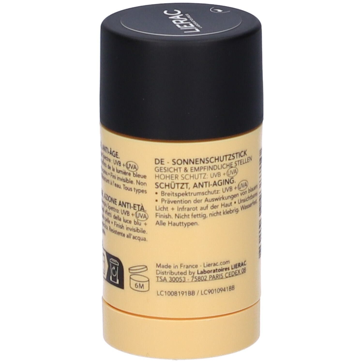 Stick beige e nero. Testo in tedesco. Stick solare per viso e zone sensibili. Anti-età.