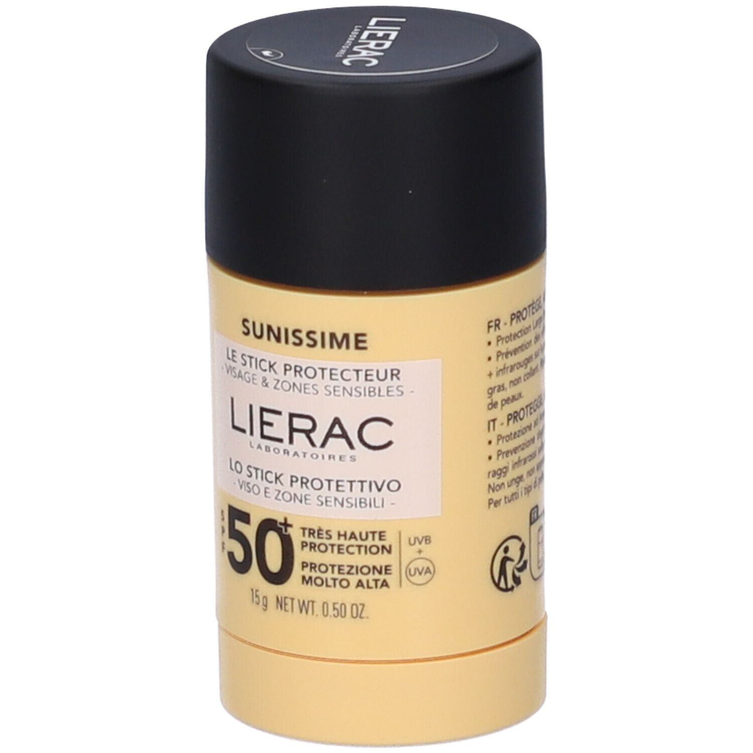 Stick beige e nero. Scritte: Lierac, Sunissime, SPF 50+. Testi in francese e italiano. 15g.