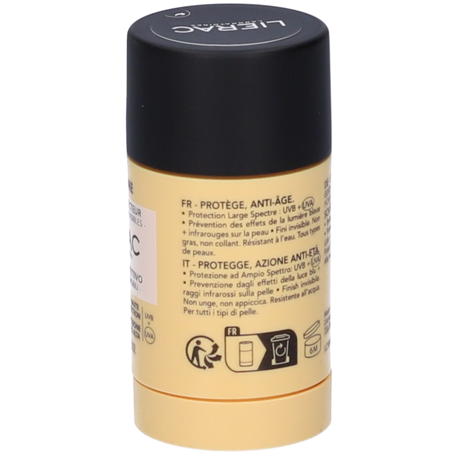 Stick beige e nero. Testi in francese e italiano. Protezione UV. Non grasso. Resistente all'acqua.