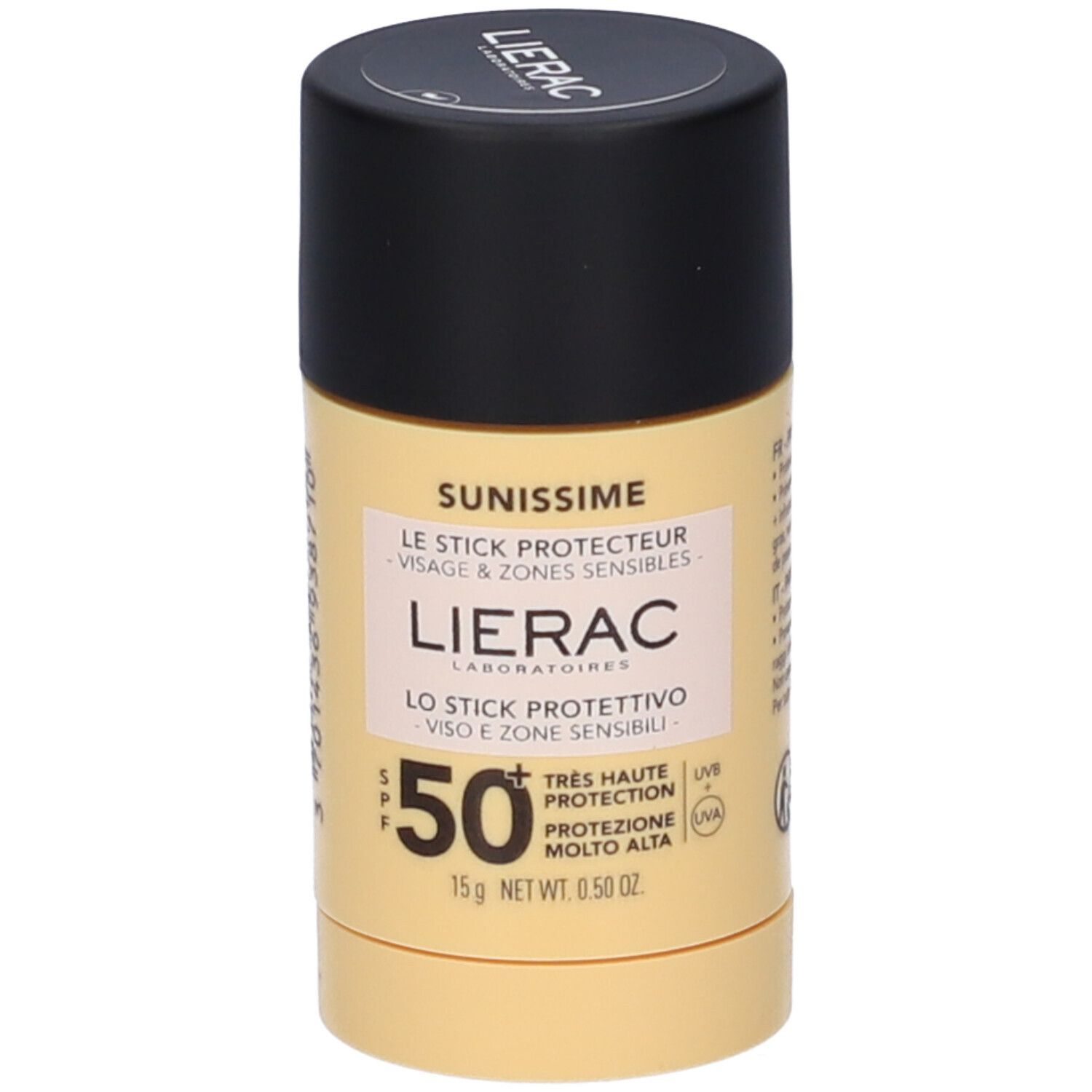 Stick beige e nero. Scritte: Lierac, Sunissime, SPF 50+. Testi in francese e italiano. 15g.