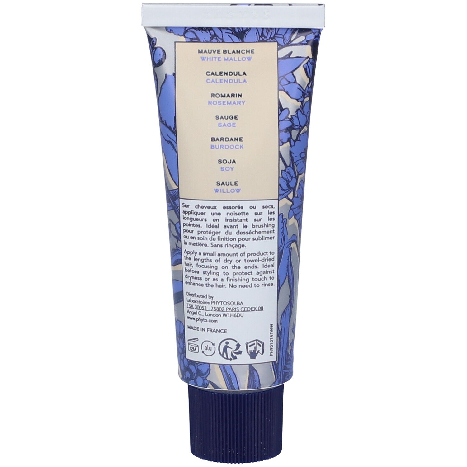 Retro del tubo di crema. Scritta: Ingredienti, Mauve Blanche, Calendula, Romarin, Sauge, Bardane, Soja, Saule. Motivo floreale.