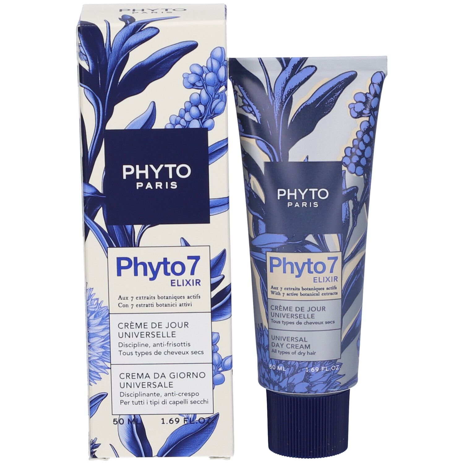 Confezione del prodotto con tubo. Scritta: PHYTO PARIS, Phyto 7 Elixir, Crème de Jour Universelle, Crema da Giorno Universale. Motivo floreale.