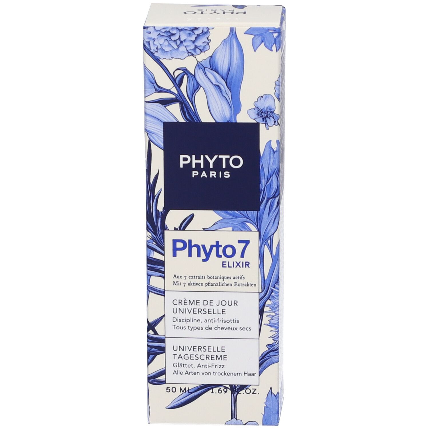 Confezione del prodotto. Scritta: PHYTO PARIS, Phyto 7 Elixir, Crème de Jour Universelle, Universelle Tagescreme. Motivo floreale.