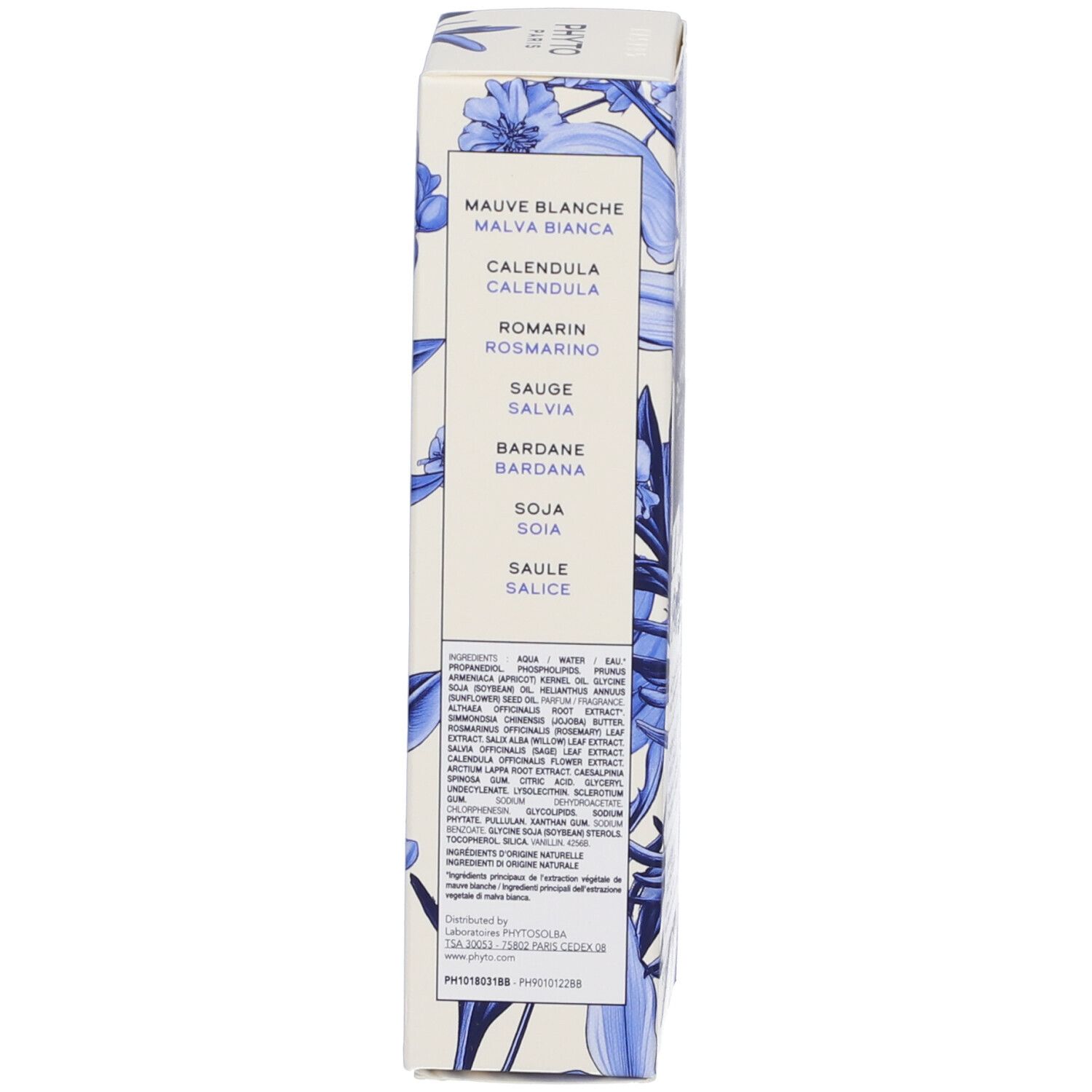 Retro della confezione del prodotto. Scritta: Mauve Blanche, Calendula, Romarin, Sauge, Bardane, Soja, Saule. Ingredienti. Motivo floreale.