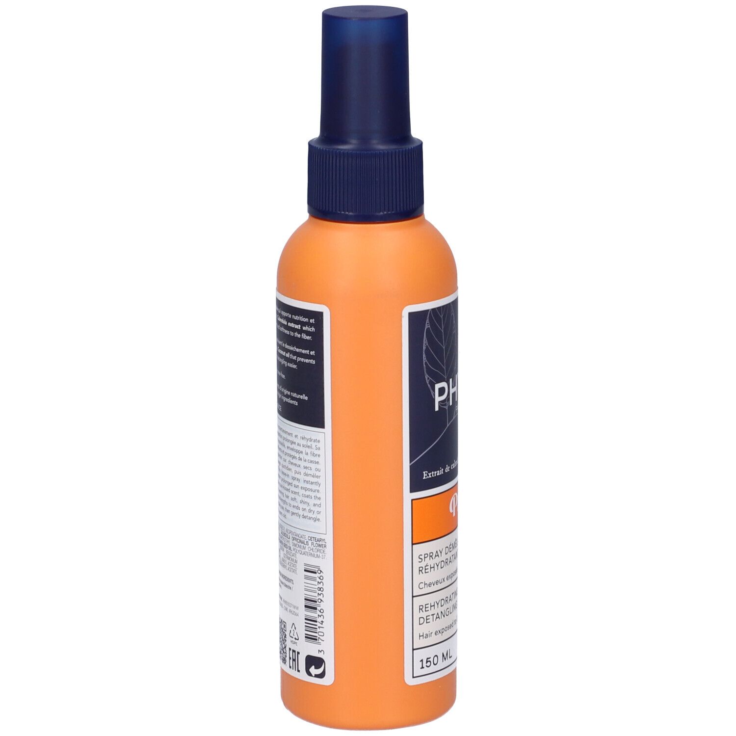 Flacone spray arancione con erogatore blu. Scritta PHYTO PARIS e informazioni sul prodotto sull'etichetta.