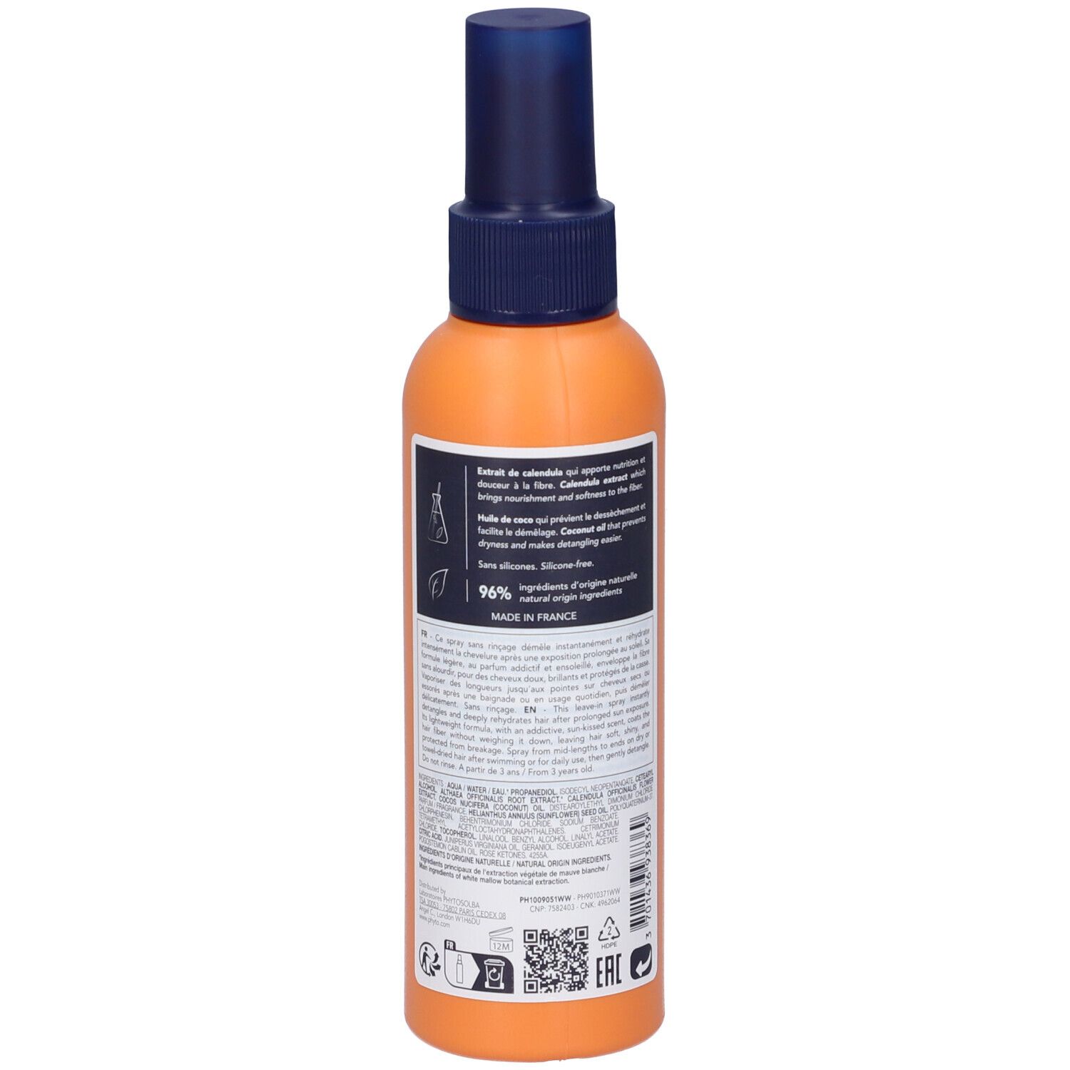 Retro di un flacone spray arancione con erogatore blu. Informazioni sul prodotto e ingredienti.