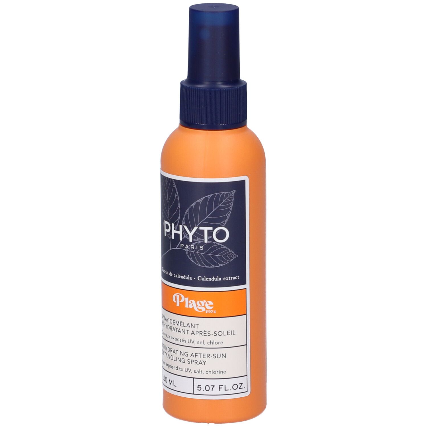 Flacone spray arancione con erogatore blu. Scritta PHYTO PARIS e Plage. Contiene 150 ml.