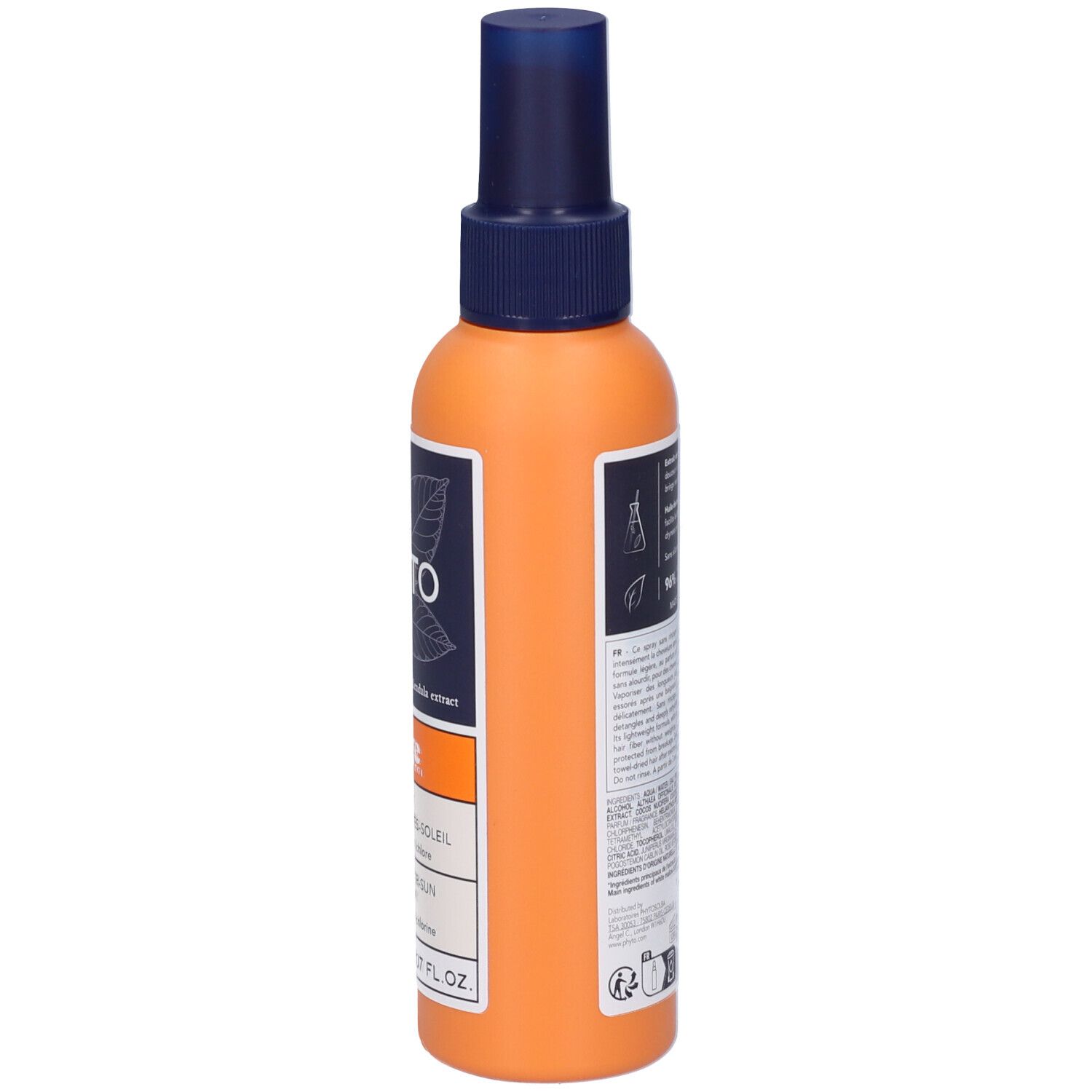 Flacone spray arancione con erogatore blu. Scritta PHYTO PARIS e informazioni sul prodotto sull'etichetta.