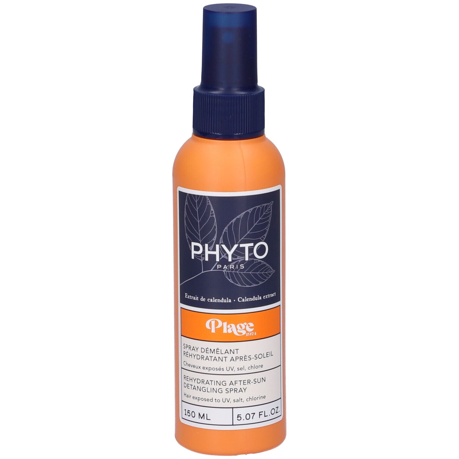 Flacone spray arancione con erogatore blu. Scritta PHYTO PARIS e Plage. Contiene 150 ml.