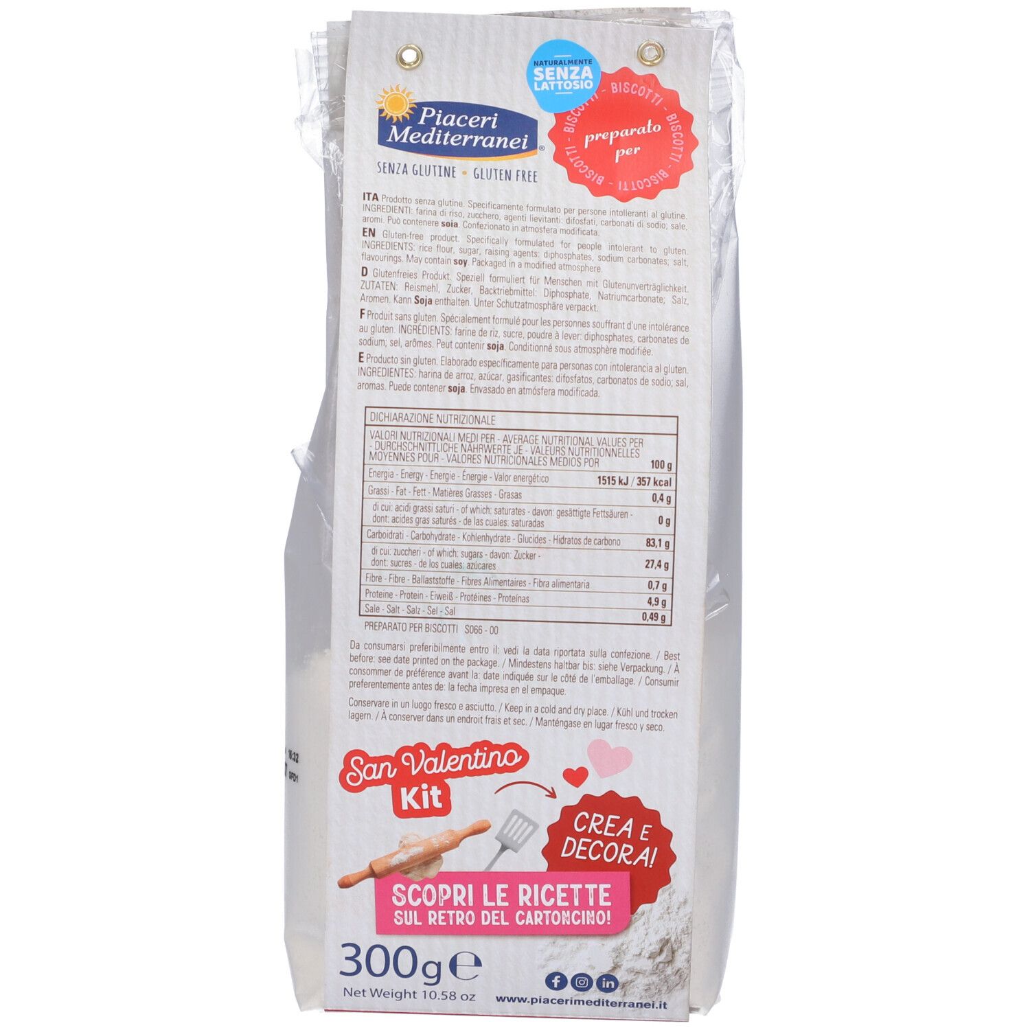 Retro confezione Piaceri Mediterranei. Testo: ingredienti, informazioni nutrizionali. Illustrati: mattarello, cuore, testo: « San Valentino Kit ».
