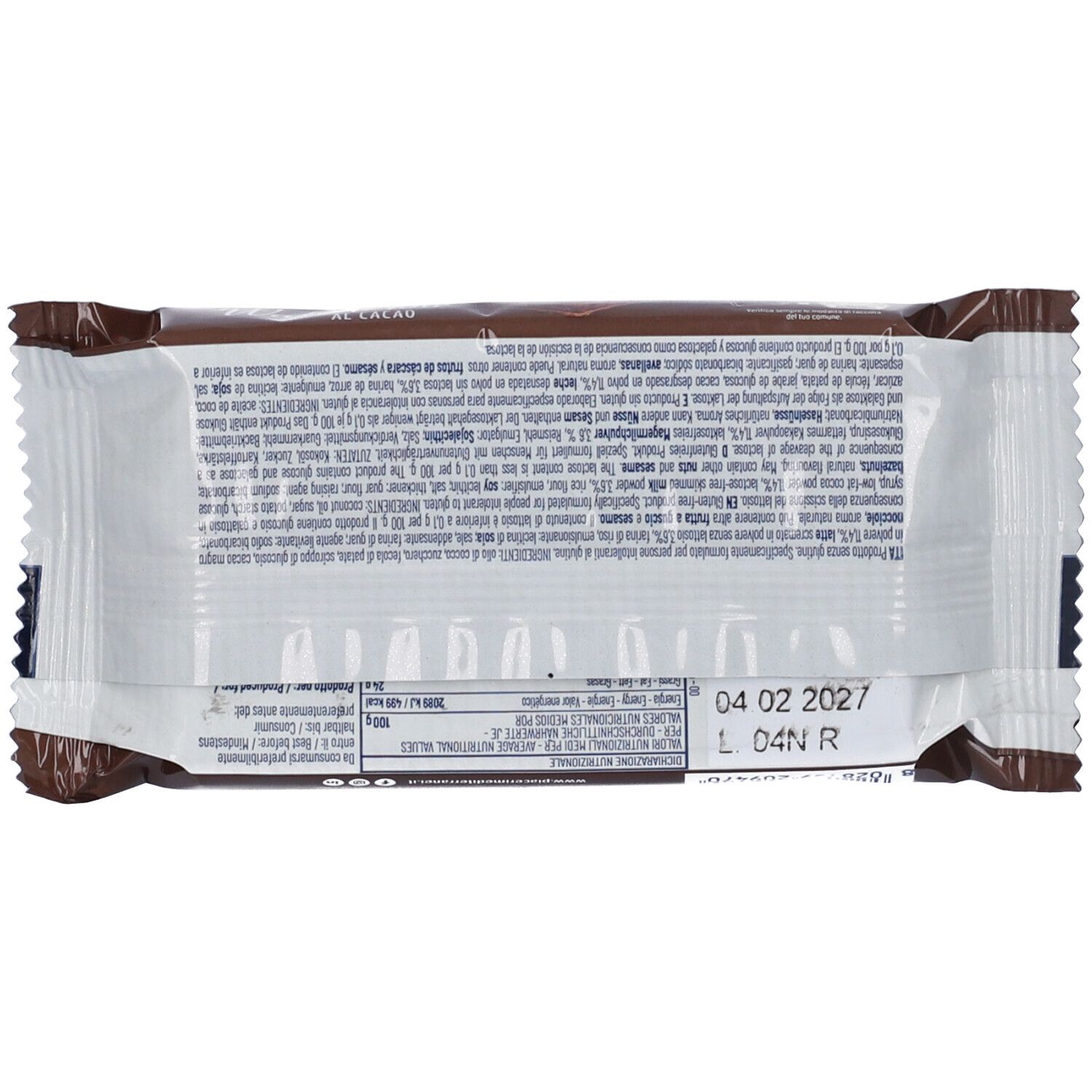 Retro della confezione wafer. Testo con elenco ingredienti e informazioni nutrizionali. Scadenza: 04 02 2027.