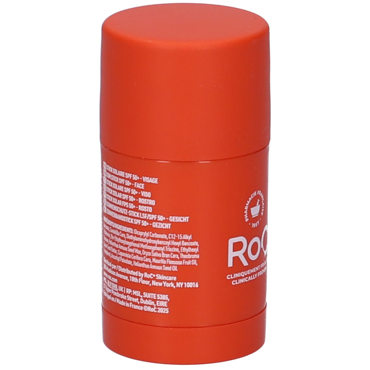 Retro dello stick solare Roc SPF 50+ arancione. Ingredienti e informazioni. Logo Roc, Cliniquement Prouvé.