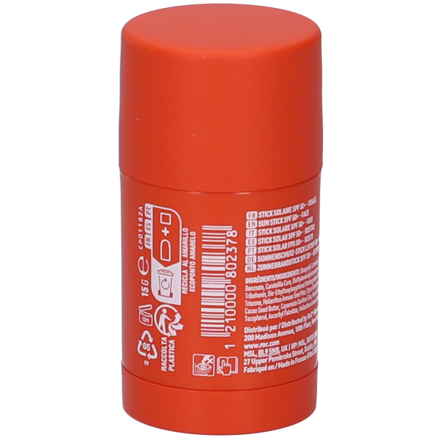 Retro dello stick solare Roc SPF 50+ arancione. Ingredienti, codice a barre e simboli di riciclaggio.