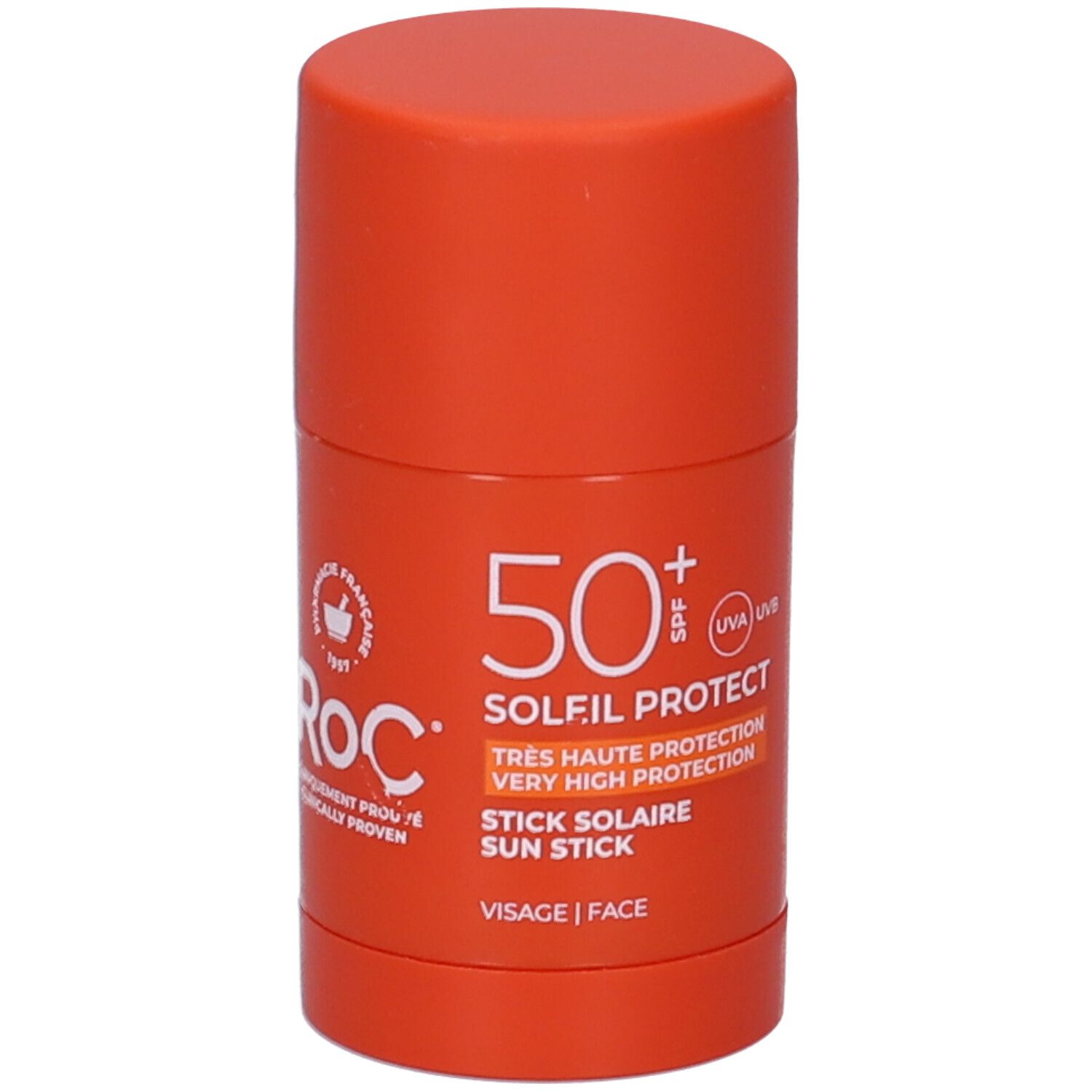 Stick solare Roc SPF 50+ arancione. Scritta: 50+, Soleil Protect, Sun Stick. Logo Roc, Cliniquement Prouvé.