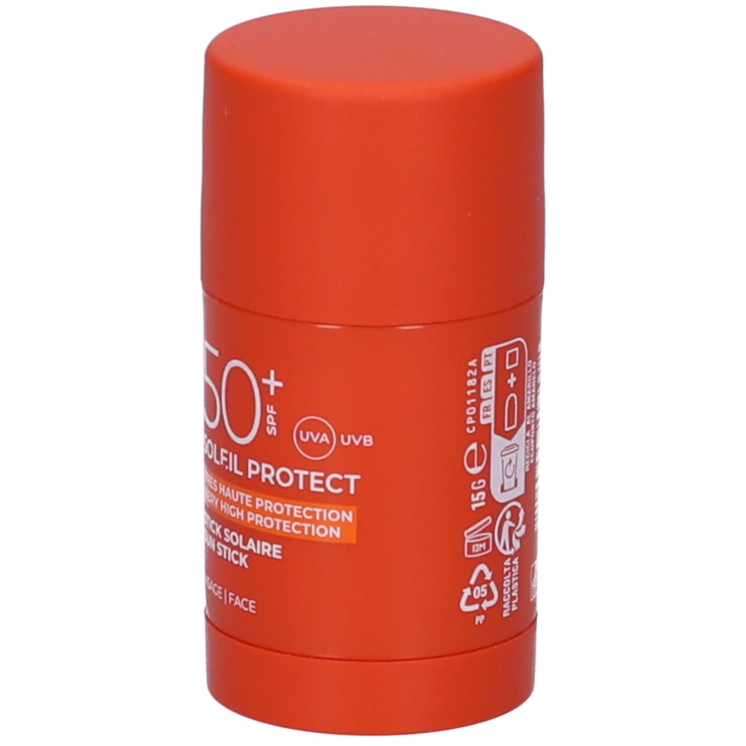 Stick solare Roc SPF 50+ arancione. Scritta: 50+, Soleil Protect, Sun Stick. 15g. Simboli di riciclaggio.