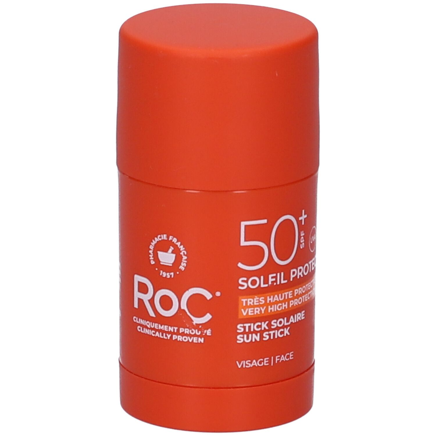 Stick solare Roc SPF 50+ arancione. Scritta: 50+, Soleil Protect, Sun Stick. Logo Roc, Cliniquement Prouvé.