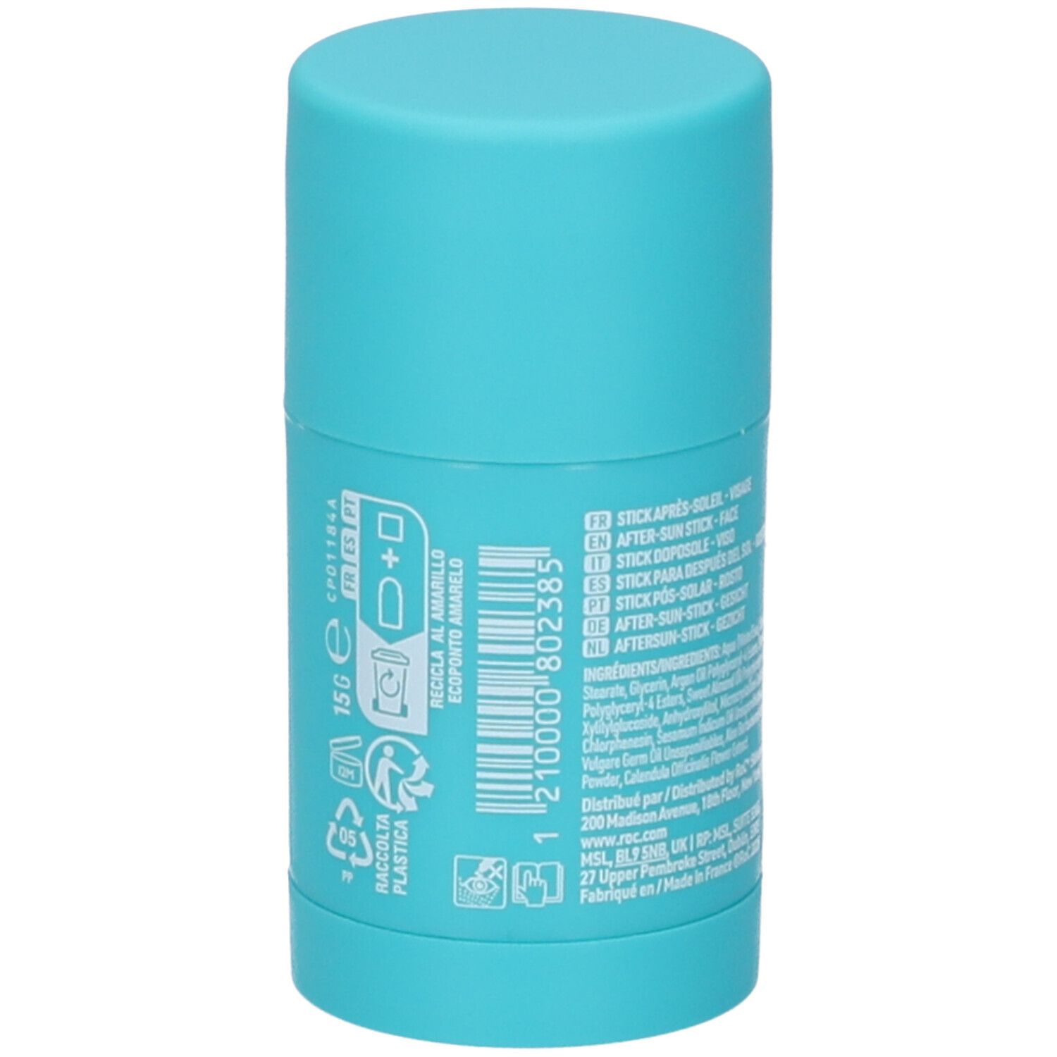 Stick turchese. Retro con ingredienti, peso 15g, simbolo riciclo e codice a barre.