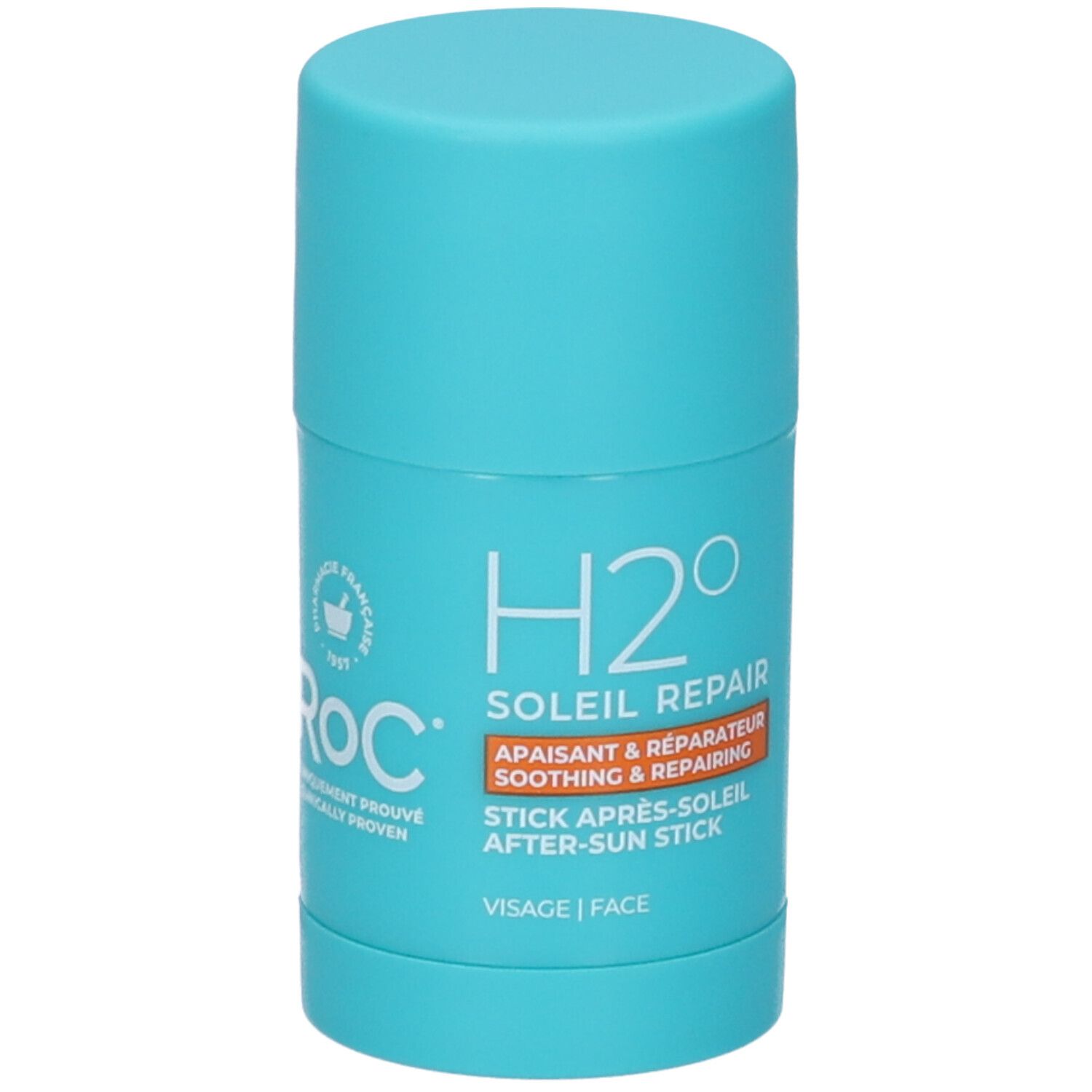 Stick turchese. Scritta: ROC, H2O Soleil Repair, Stick Après-Soleil. Logo farmacia.