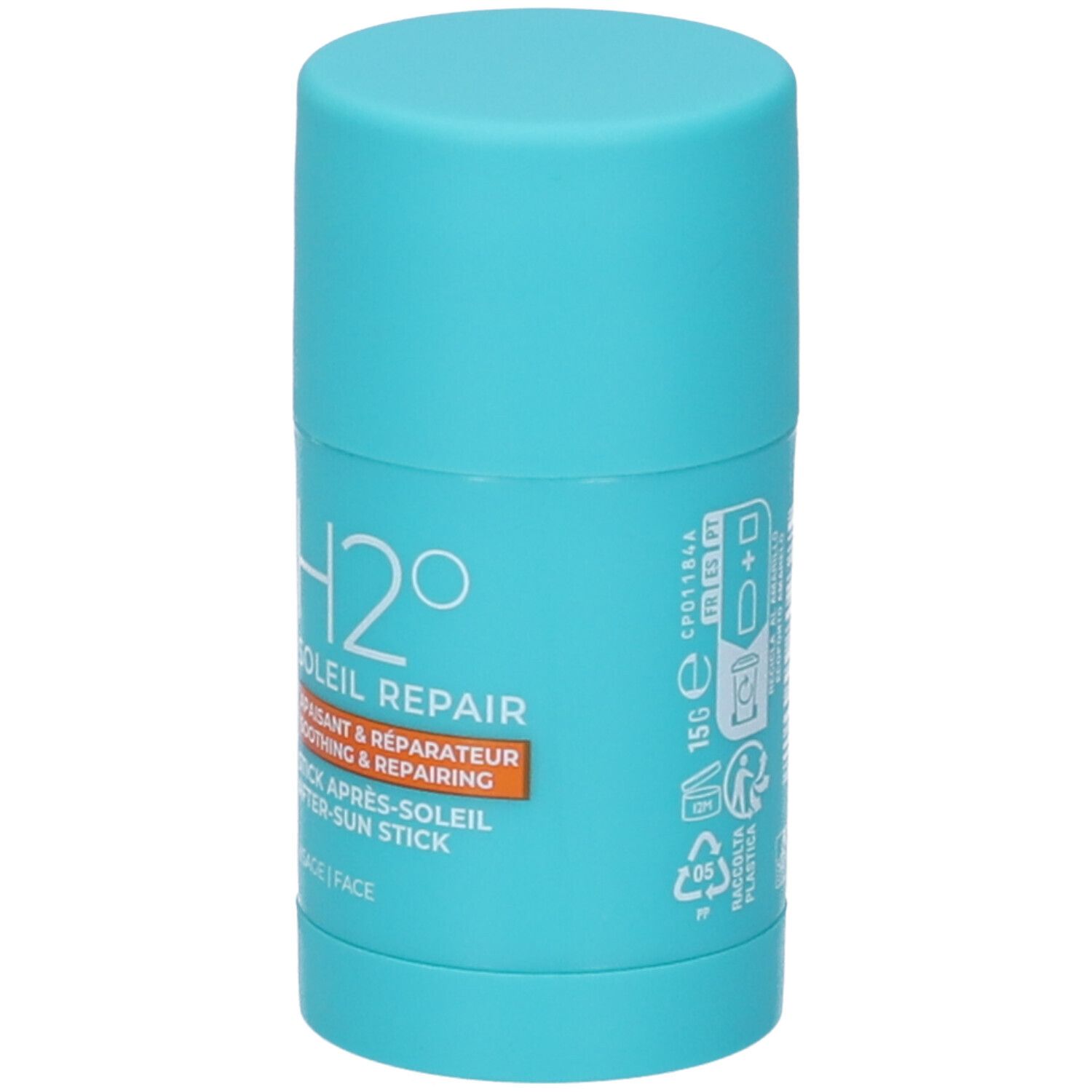 Stick turchese. Scritta: H2O Soleil Repair, 15g, simbolo riciclo. Logo farmacia.