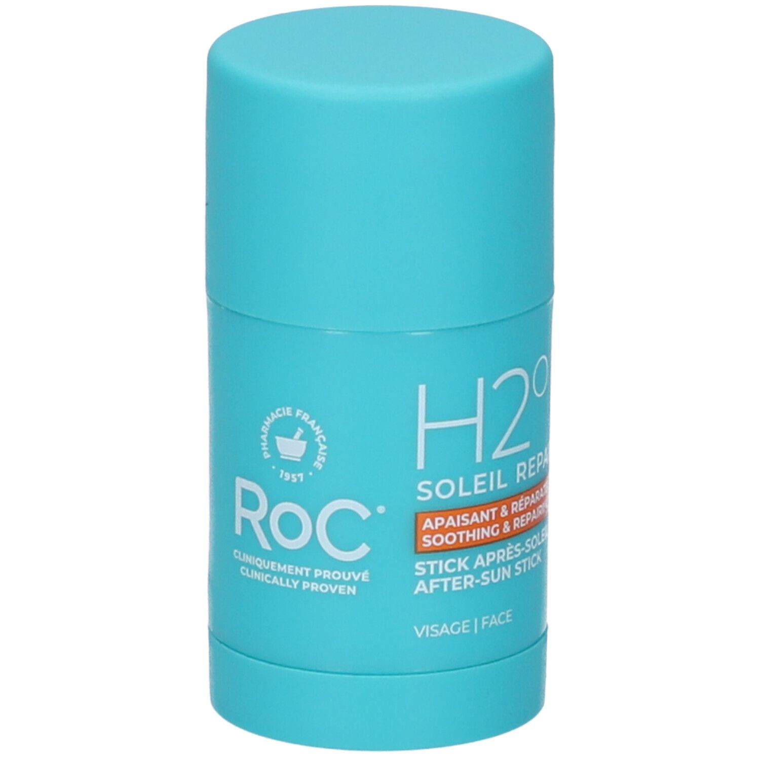 Stick turchese. Scritta: ROC, H2O Soleil Repair, Stick Après-Soleil. Logo farmacia.