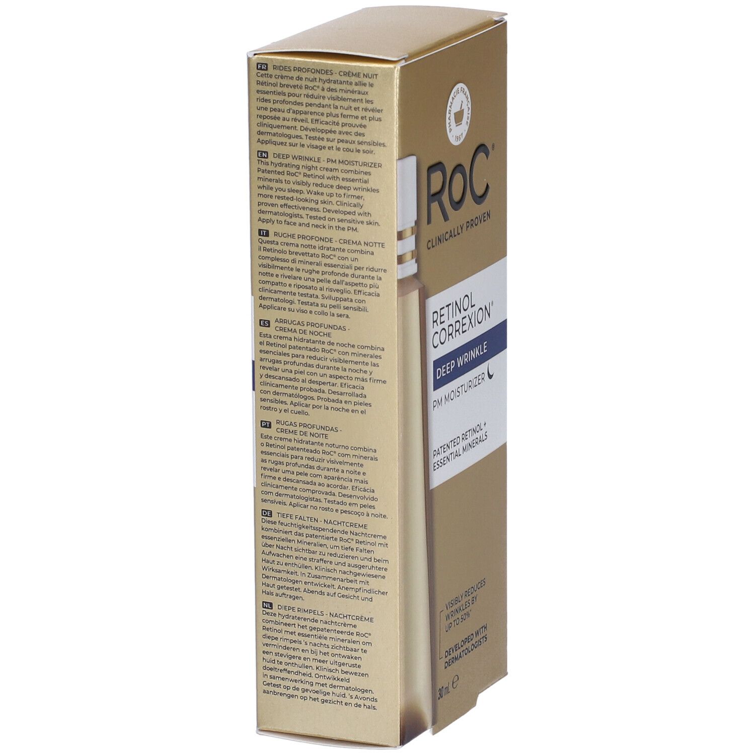 Scatola dorata Roc con logo e nome prodotto. Retro con testo multilingue. Contiene 30ml.