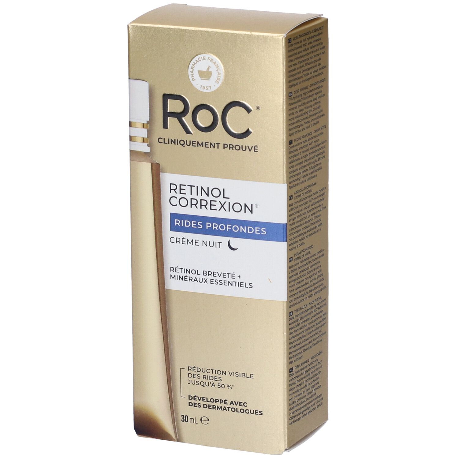Scatola dorata Roc con logo e nome prodotto: Retinol Correxion Rides Profondes Crème Nuit. Contiene 30ml. Testo in bianco e blu.