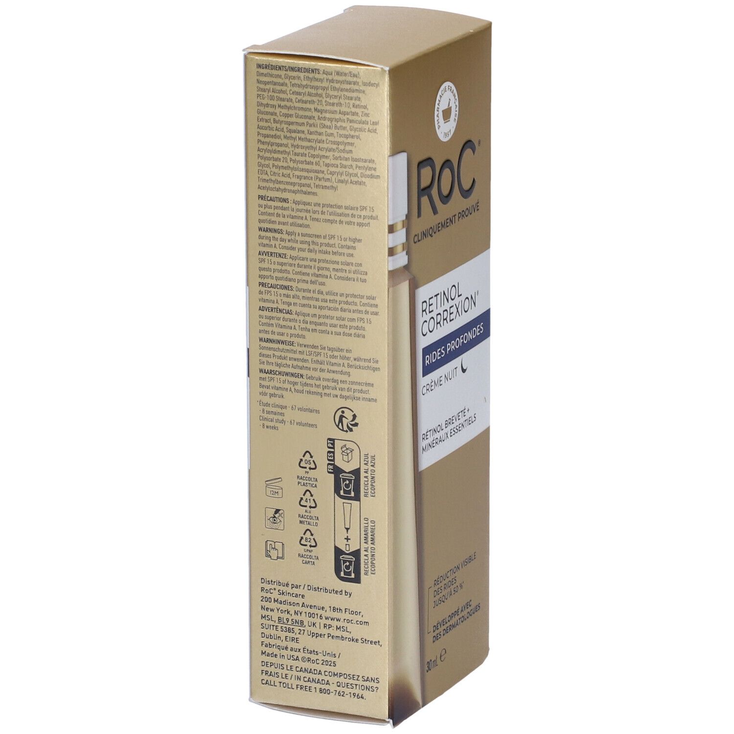 Scatola dorata Roc con logo e nome prodotto. Retro con testo multilingue. Contiene 30ml.