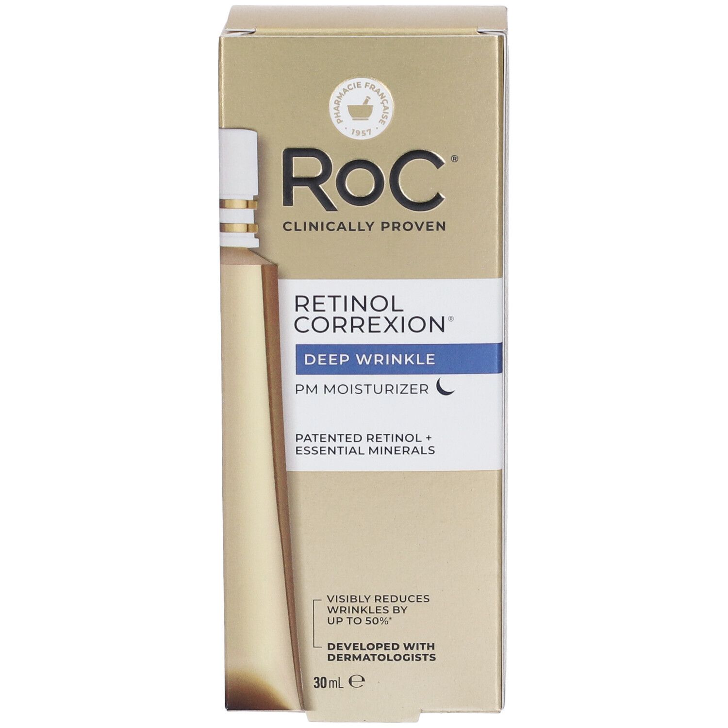 Scatola dorata Roc con logo e nome prodotto: Retinol Correxion Deep Wrinkle PM Moisturizer. Contiene 30ml. Testo in bianco e blu.