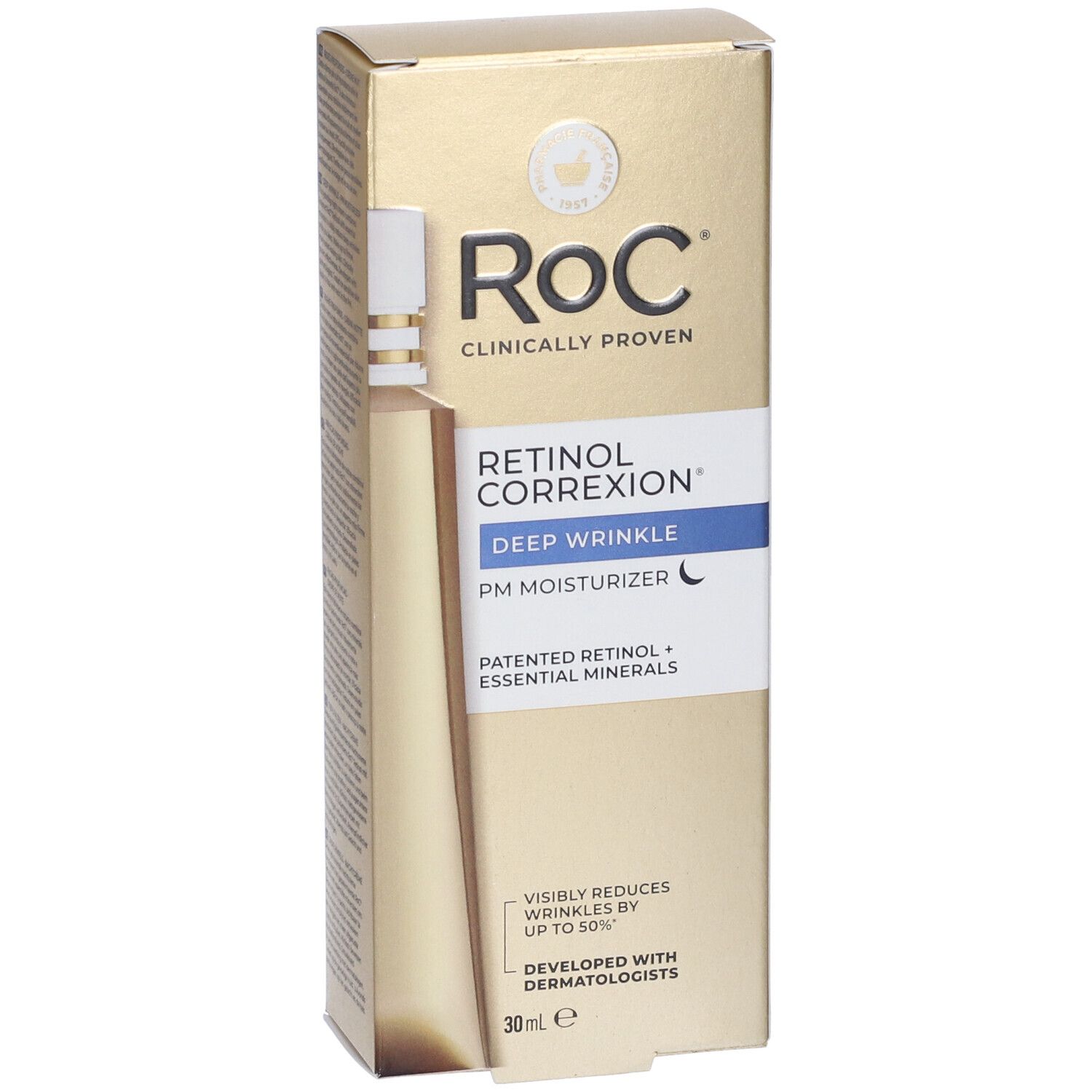 Scatola dorata Roc con logo e nome prodotto: Retinol Correxion Deep Wrinkle PM Moisturizer. Contiene 30ml. Testo in bianco e blu.