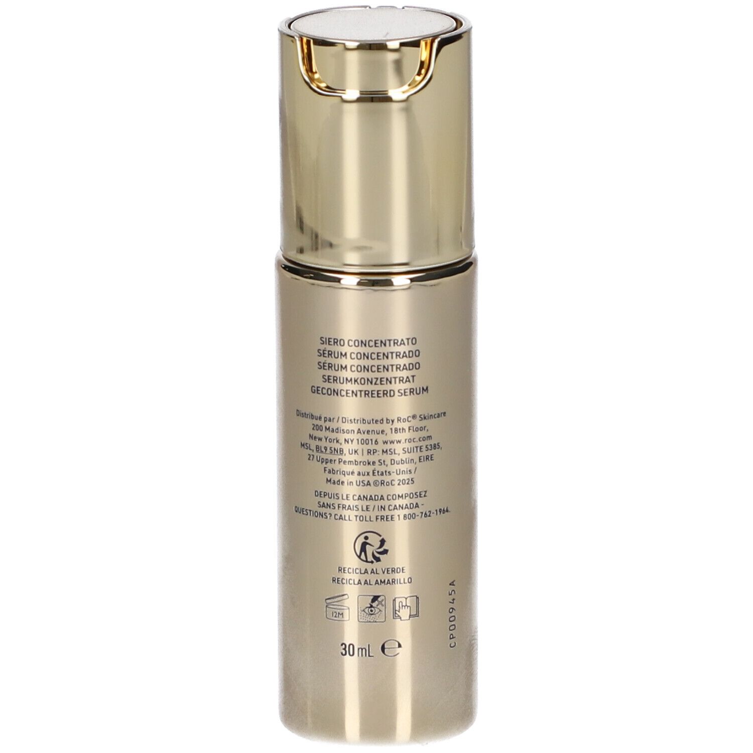 Flacone dorato con dosatore. Scritta: RoC Retinol Correxion Deep Wrinkle Concentrated Serum. 30 ml.
