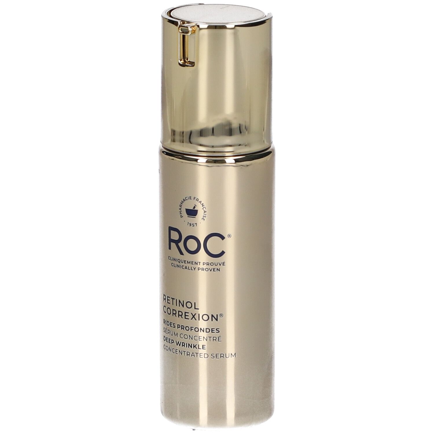 Flacone dorato con dosatore. Scritta: RoC Retinol Correxion Deep Wrinkle Concentrated Serum.