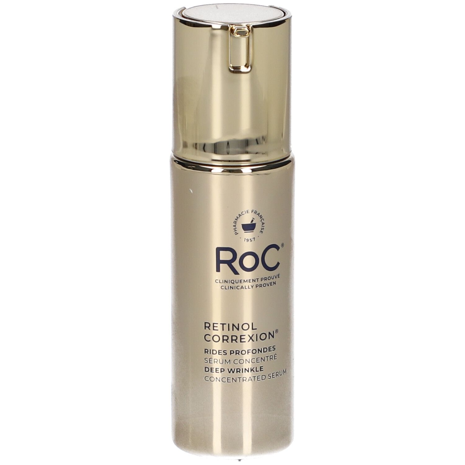 Flacone dorato con dosatore. Scritta: RoC Retinol Correxion Deep Wrinkle Concentrated Serum.