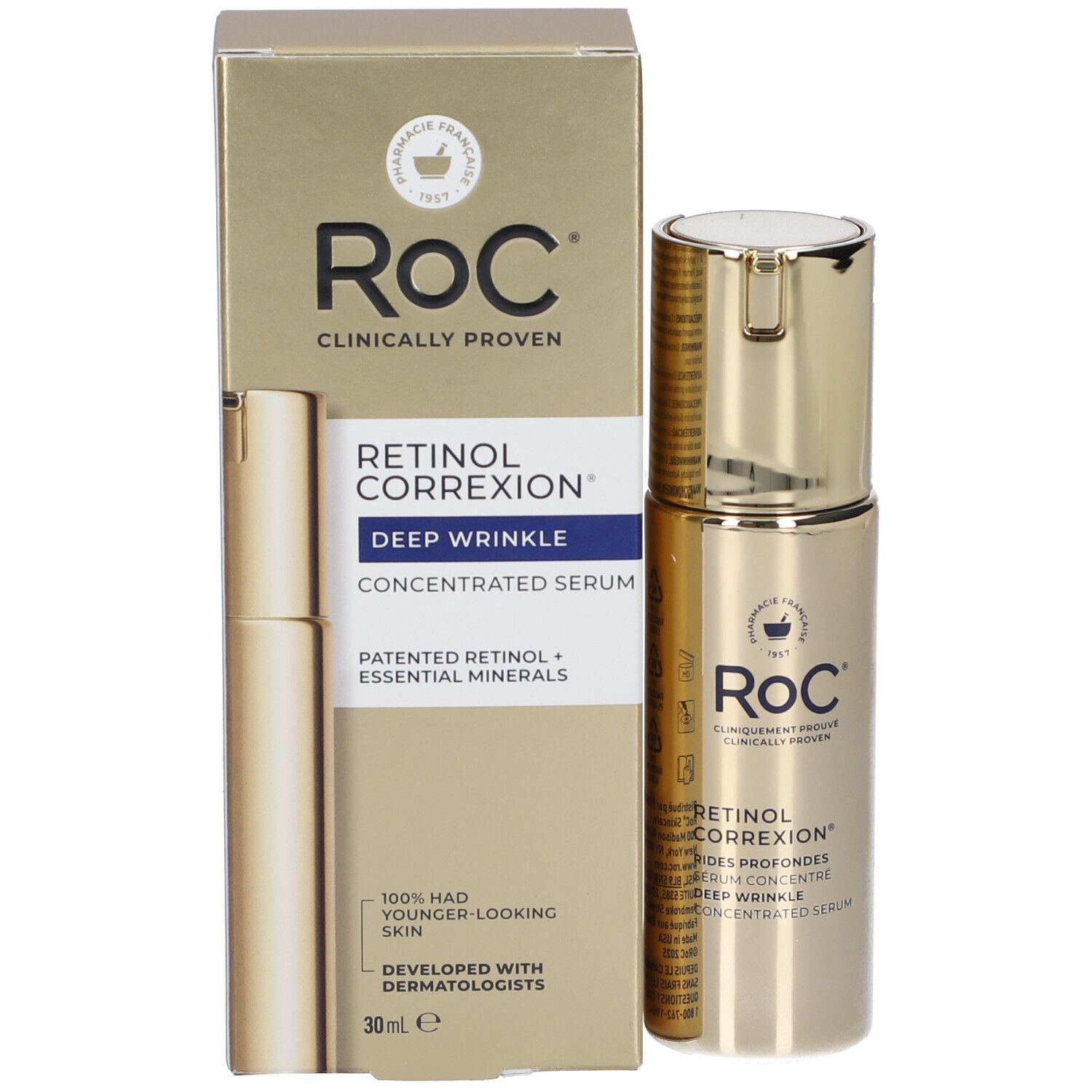 Flacone dorato e scatola. Scritta: RoC Retinol Correxion Deep Wrinkle Concentrated Serum. 30 ml.