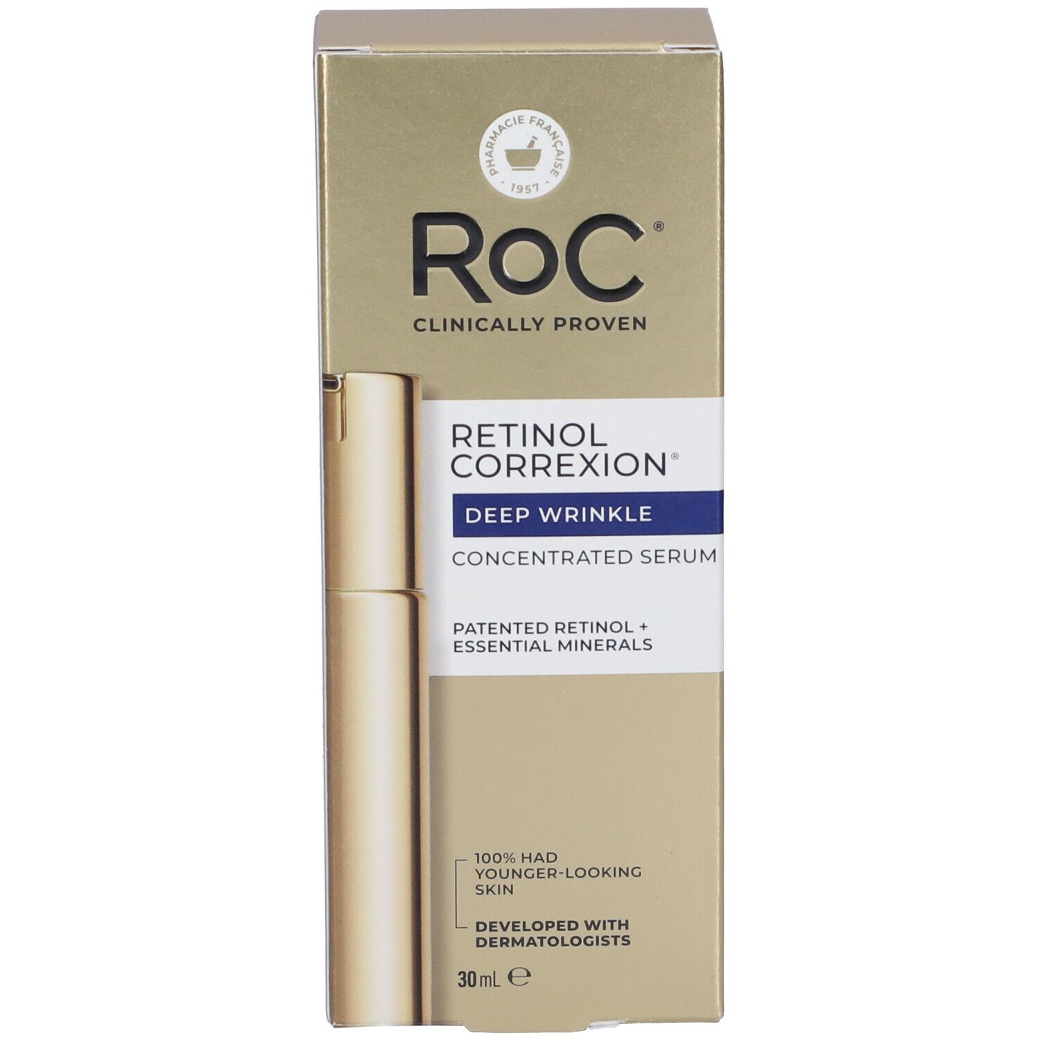 Flacone dorato e scatola. Scritta: RoC Retinol Correxion Deep Wrinkle Concentrated Serum. 30 ml.