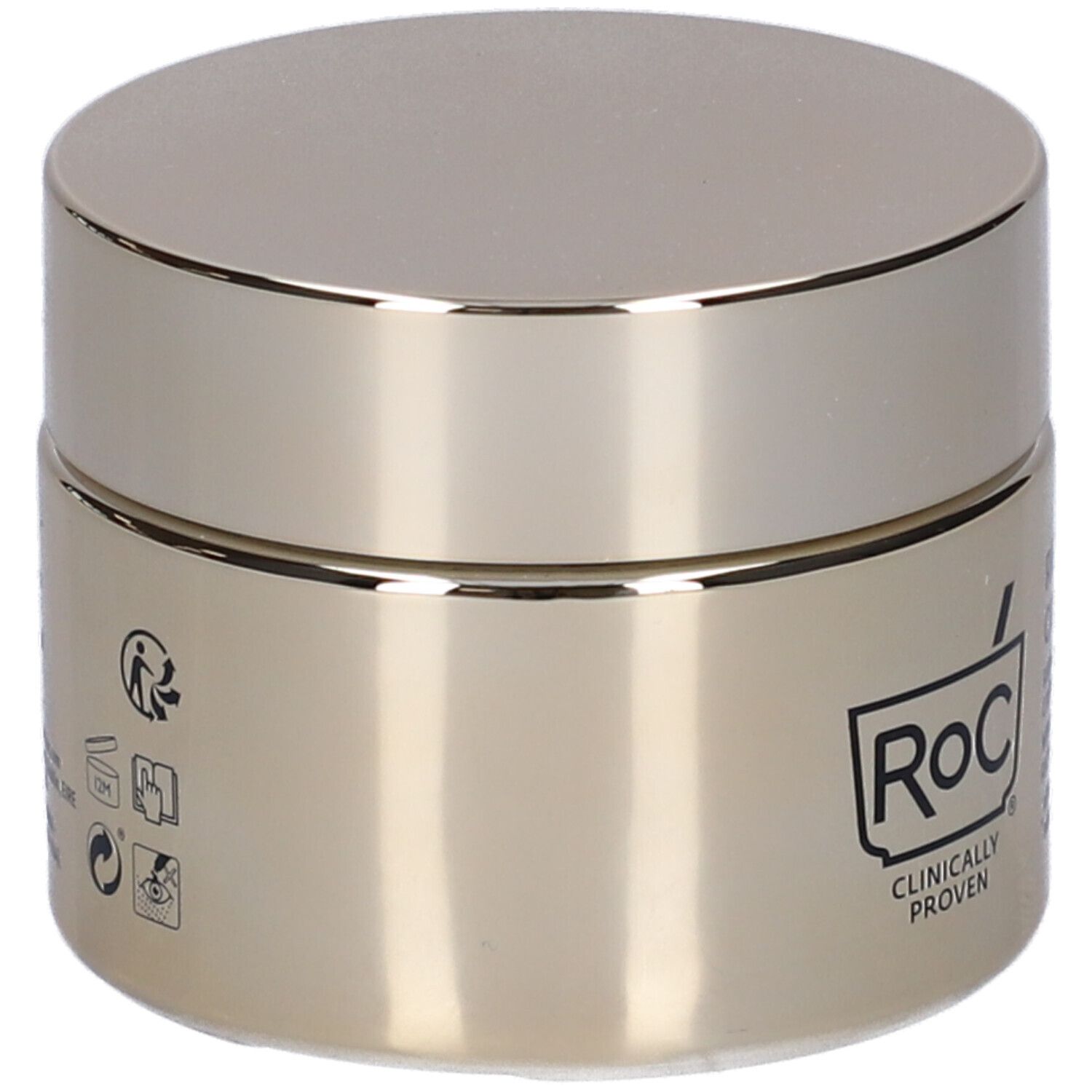 Vasetto dorato con coperchio. Scritta: Roc, Clinically Proven. Simboli di riciclo e durata.