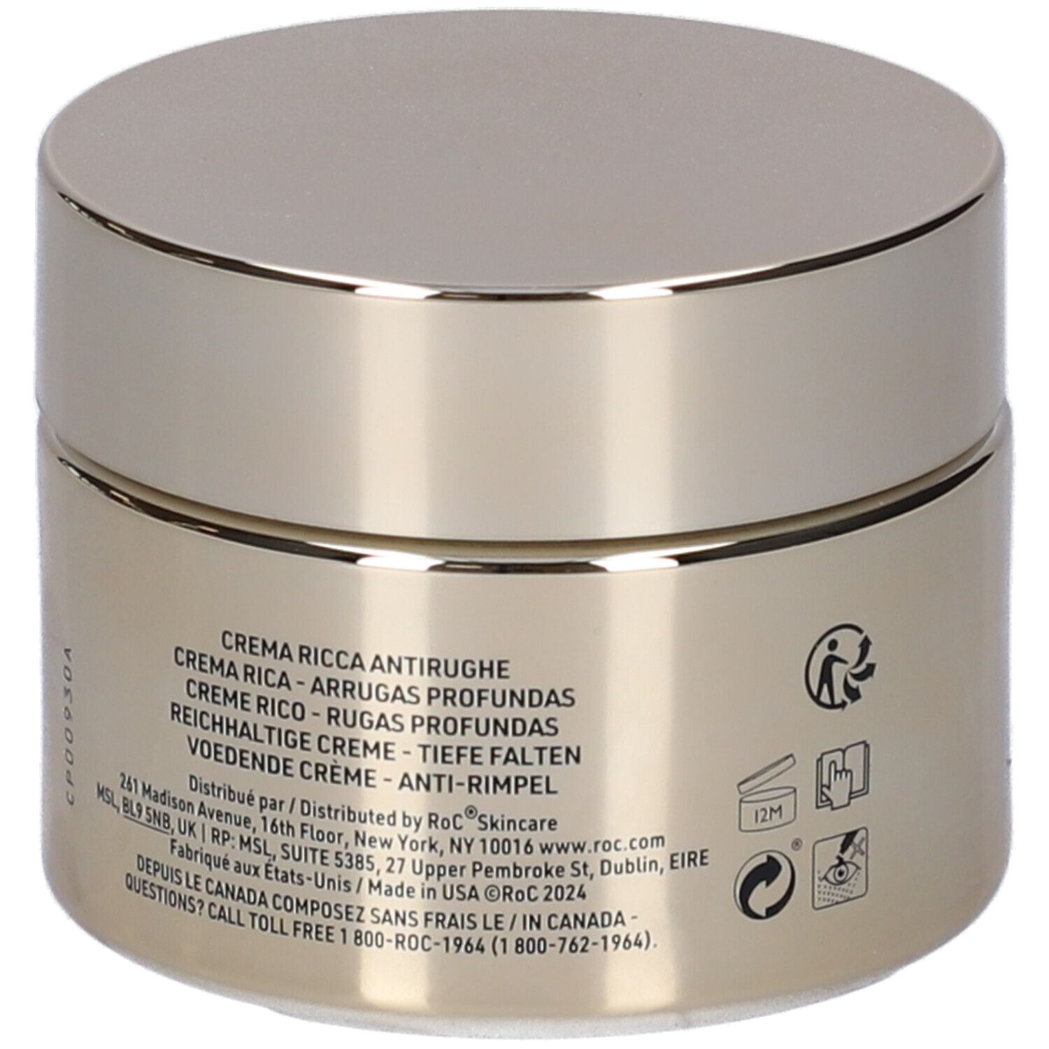 Vasetto dorato con coperchio. Scritta: Crema Ricca Antirughe, Crema Ricca, Voedende Crème. Simboli e testo.