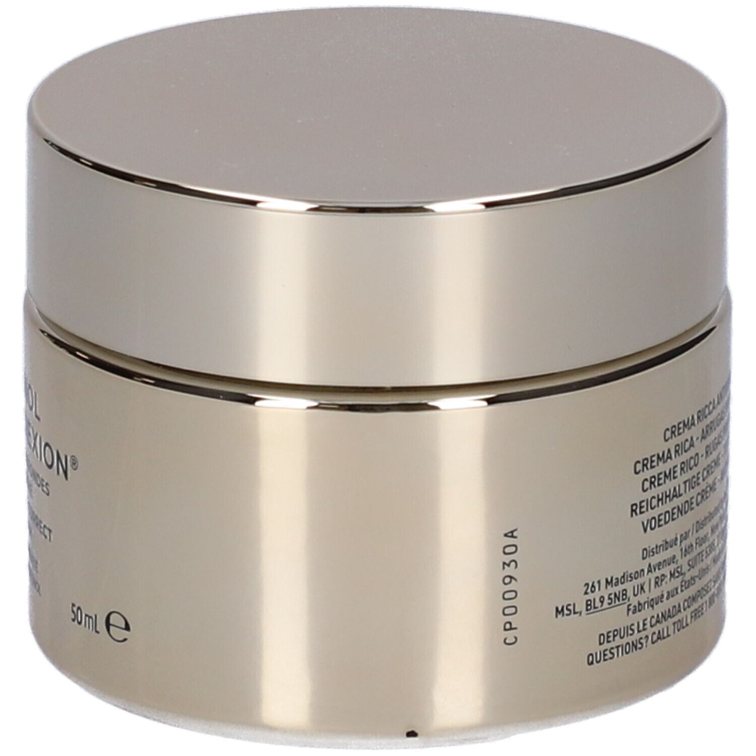 Vasetto dorato con coperchio. Scritta: Crema Ricca, Reichhaltige Creme, Voedende Crème. Testo e simboli.