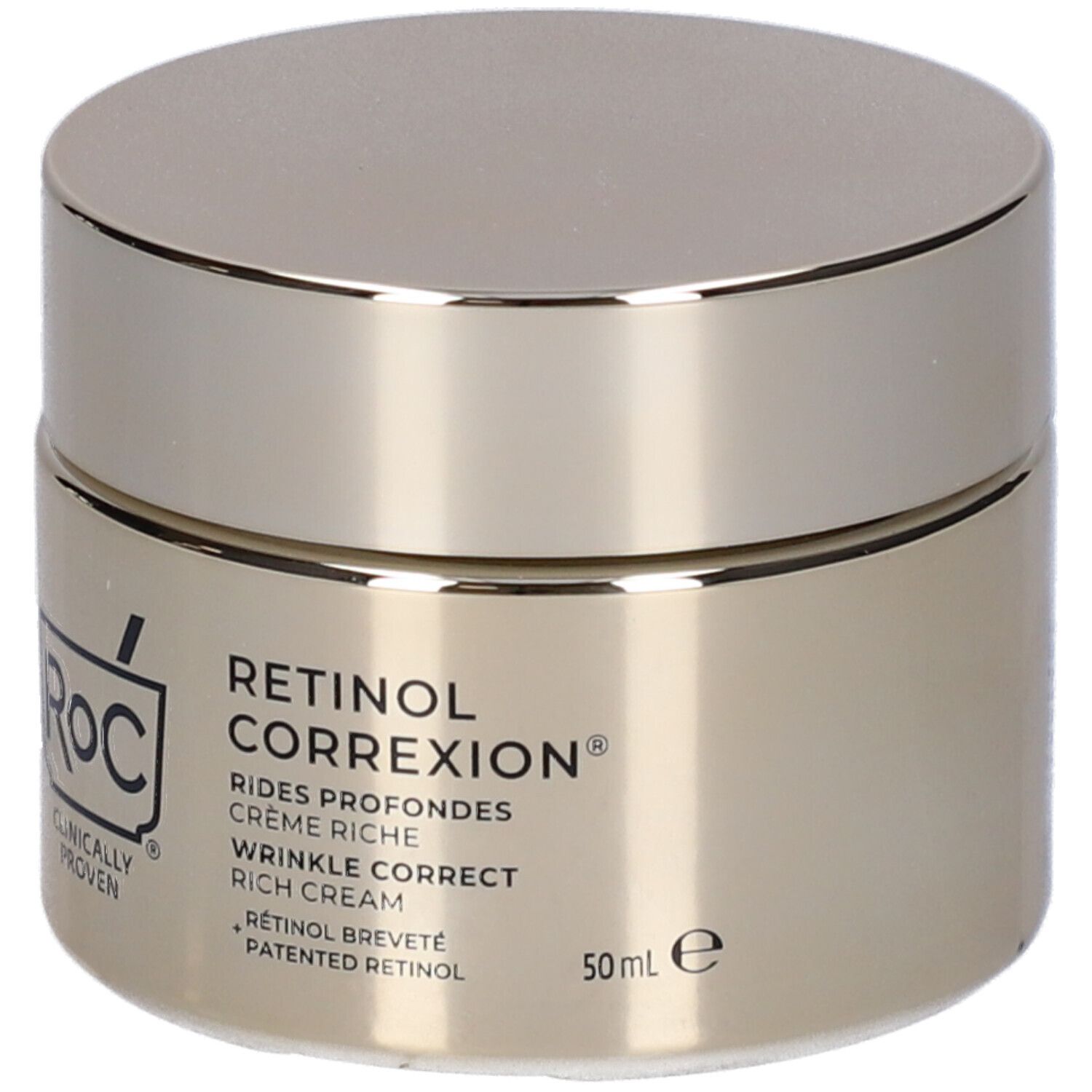 Vasetto dorato con coperchio. Scritta: Roc, Retinol Correxion, Crema ricca. 50ml.