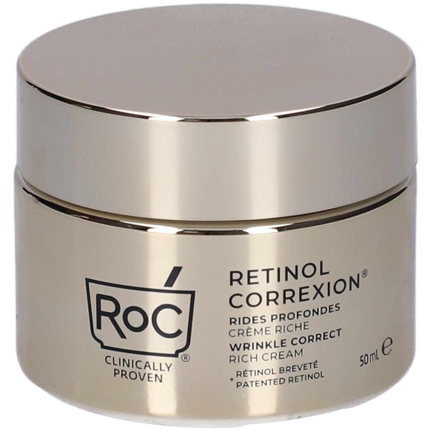 Vasetto dorato con coperchio. Scritta: Roc, Retinol Correxion, Crema ricca. 50ml.