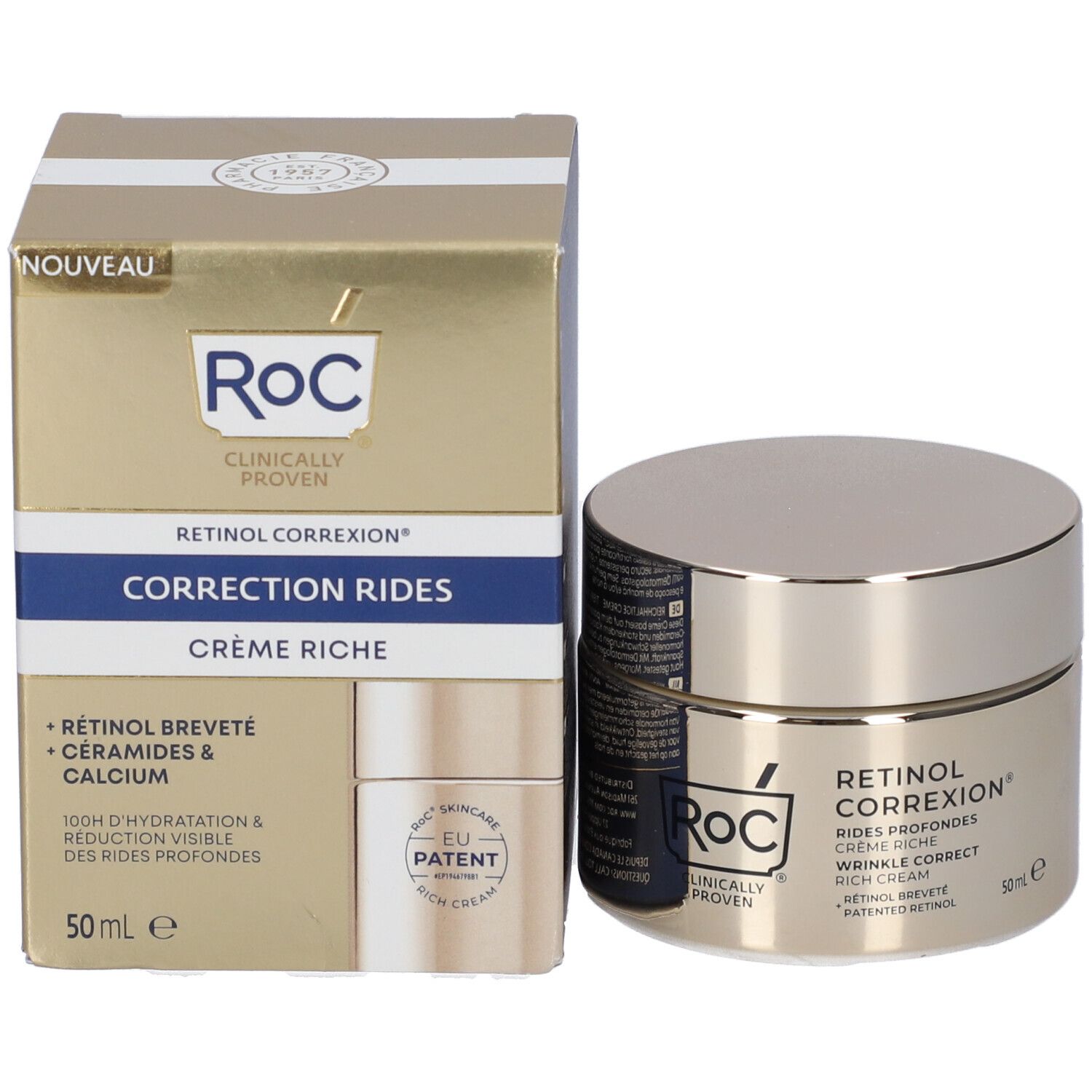 Confezione e vasetto. Scritta: Roc, Retinol Correxion, Correction Rides, Crema Ricca. 50ml.