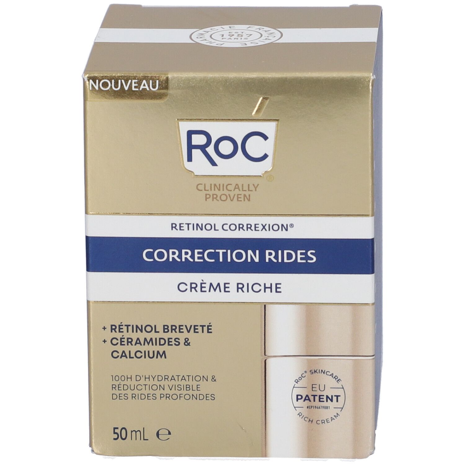 Confezione. Scritta: Roc, Retinol Correxion, Correction Rides, Crema Ricca. 50ml. Brevetto UE.