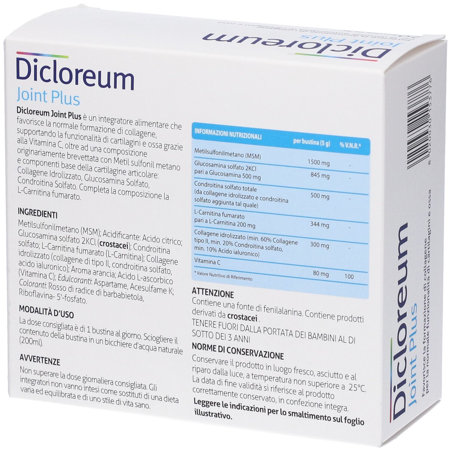 Retro della confezione Dicloreum Joint Plus Bustine con informazioni dettagliate su nutrizione e uso.