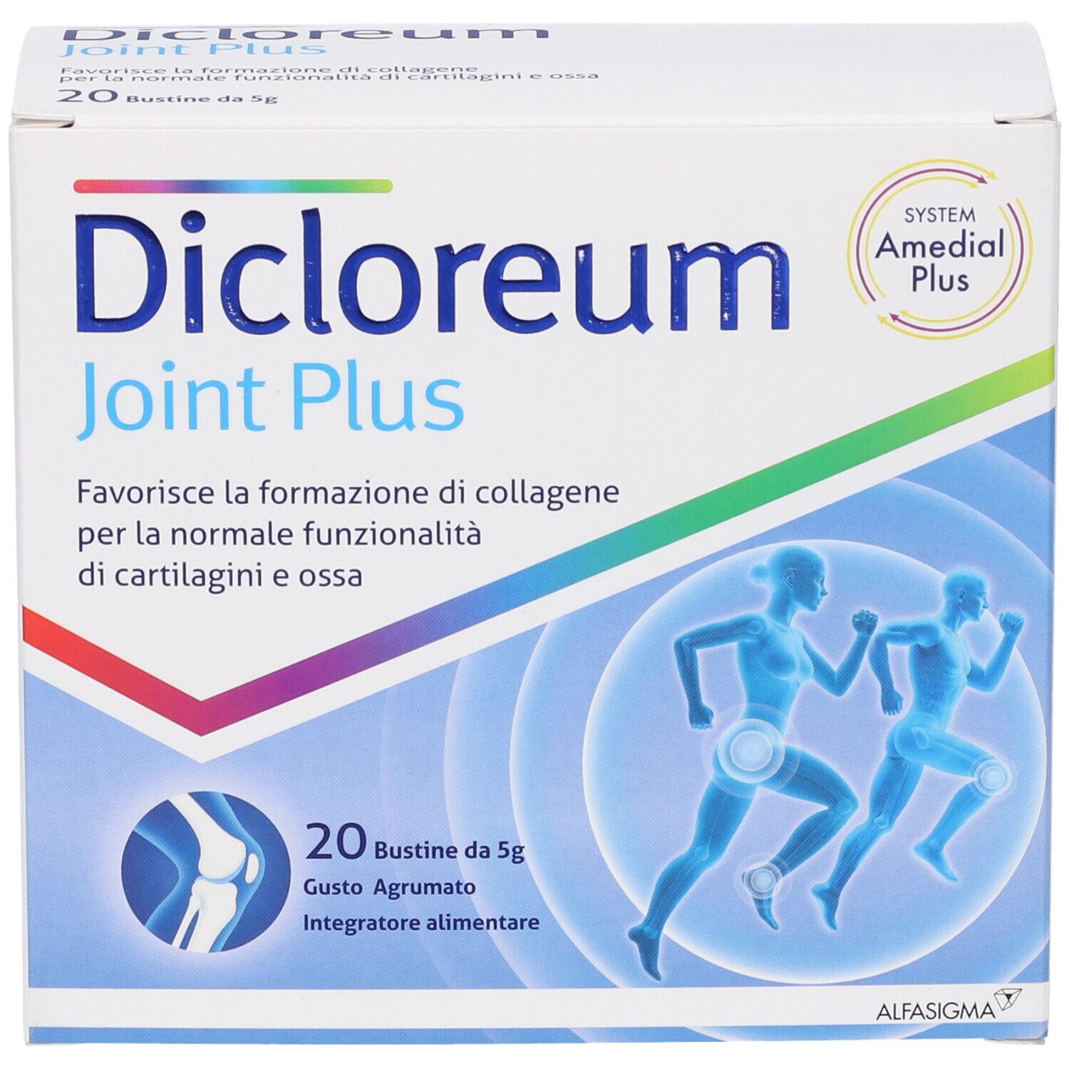 Fronte della confezione Dicloreum Joint Plus Bustine con illustrazione di corridori e articolazioni.
