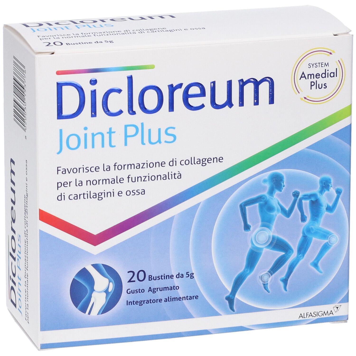 Fronte della confezione Dicloreum Joint Plus Bustine, 20 bustine da 5g, gusto agrumato, con illustrazione di articolazione e corridori.